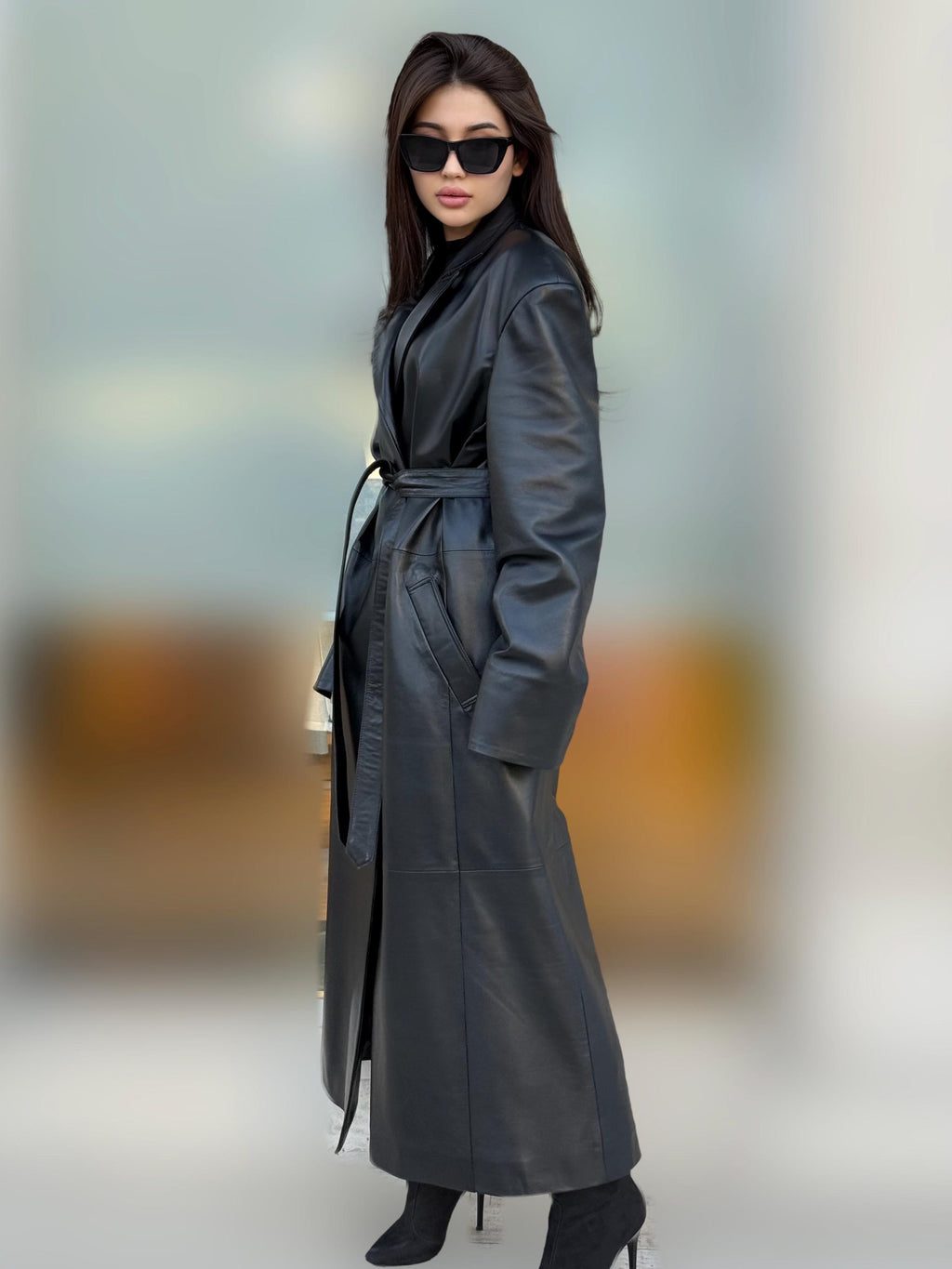 Black Handmade Genuine Sheepskin Leather Trench Coat for Women – Long Real Leather Belted Overcoat – Handmade Luxury Winter Jacket