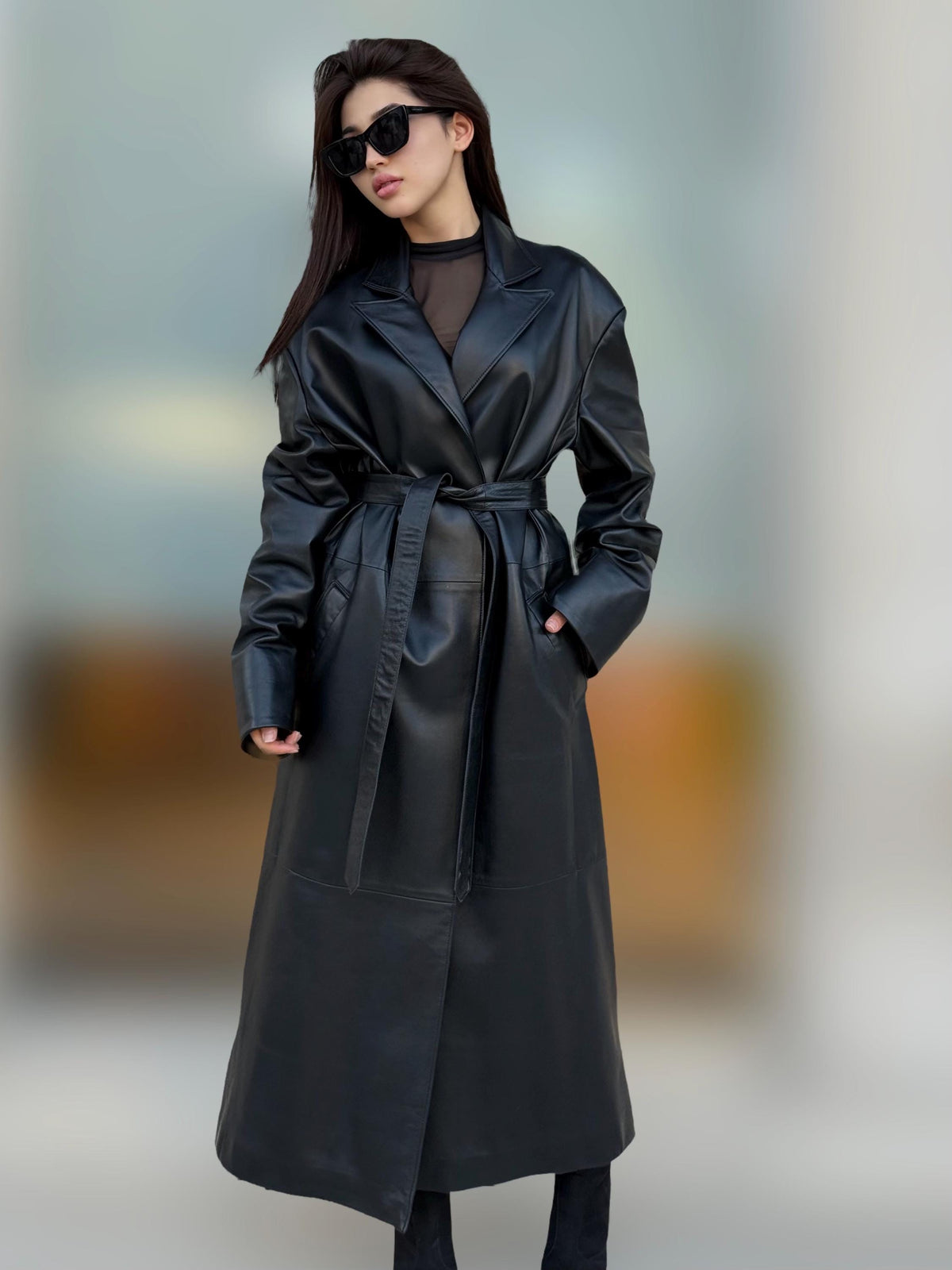 Black Handmade Genuine Sheepskin Leather Trench Coat for Women – Long Real Leather Belted Overcoat – Handmade Luxury Winter Jacket