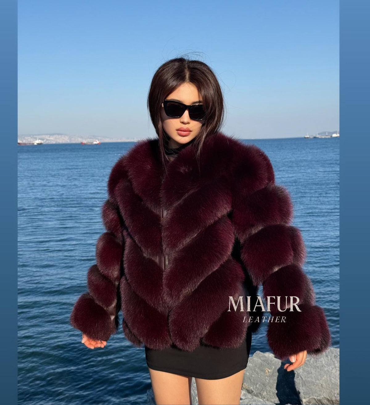 Women’s Burgundy Fox Fur Jacket: Handmade Detachable Sleeve Short Fur Coat