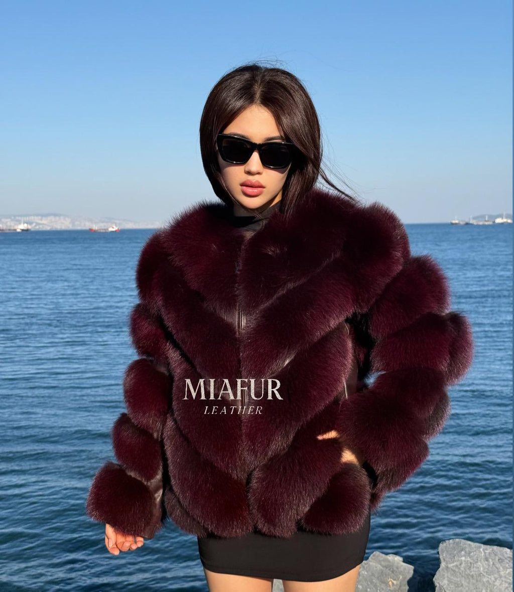 Women’s Burgundy Fox Fur Jacket: Handmade Detachable Sleeve Short Fur Coat