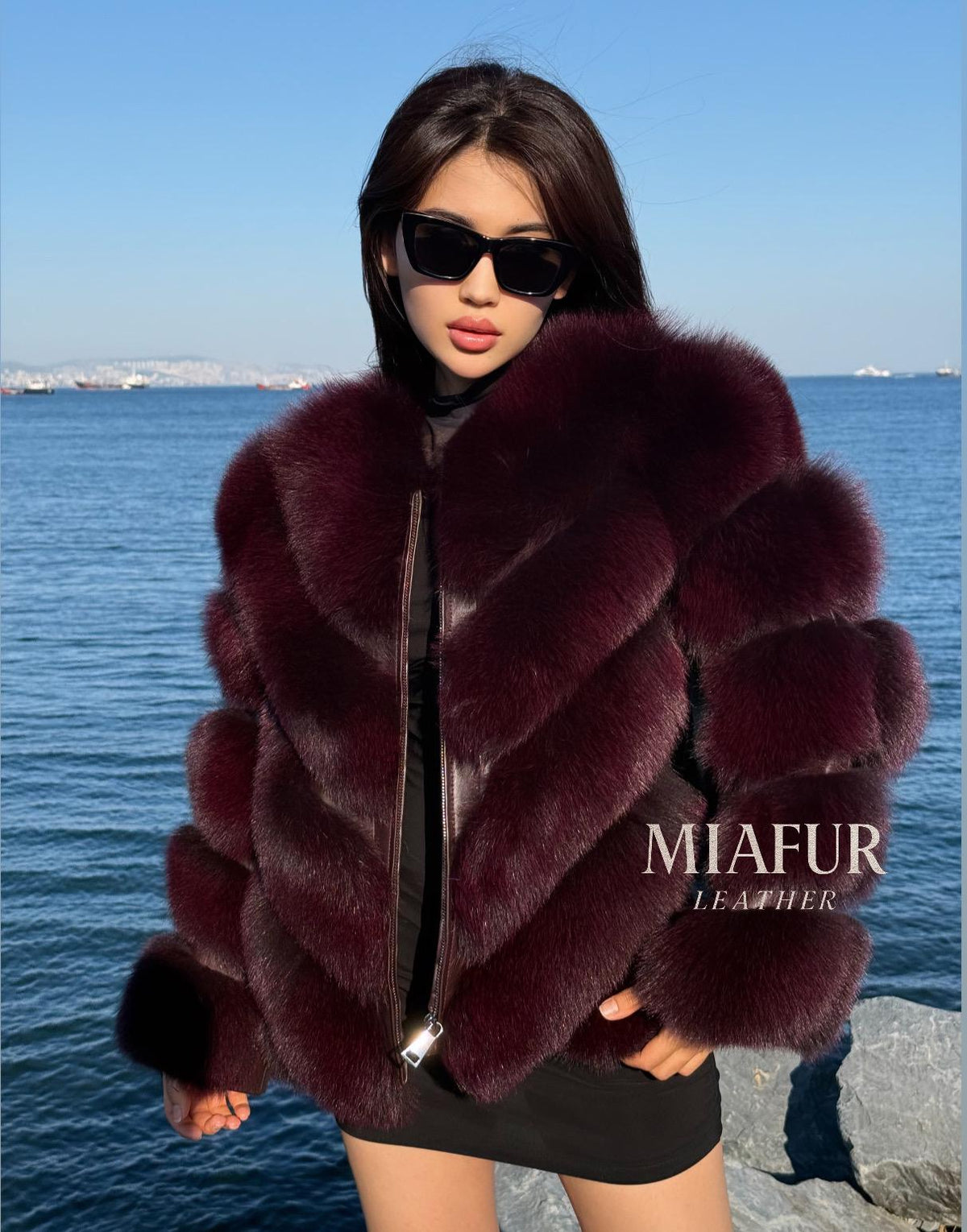 Women’s Burgundy Fox Fur Jacket: Handmade Detachable Sleeve Short Fur Coat