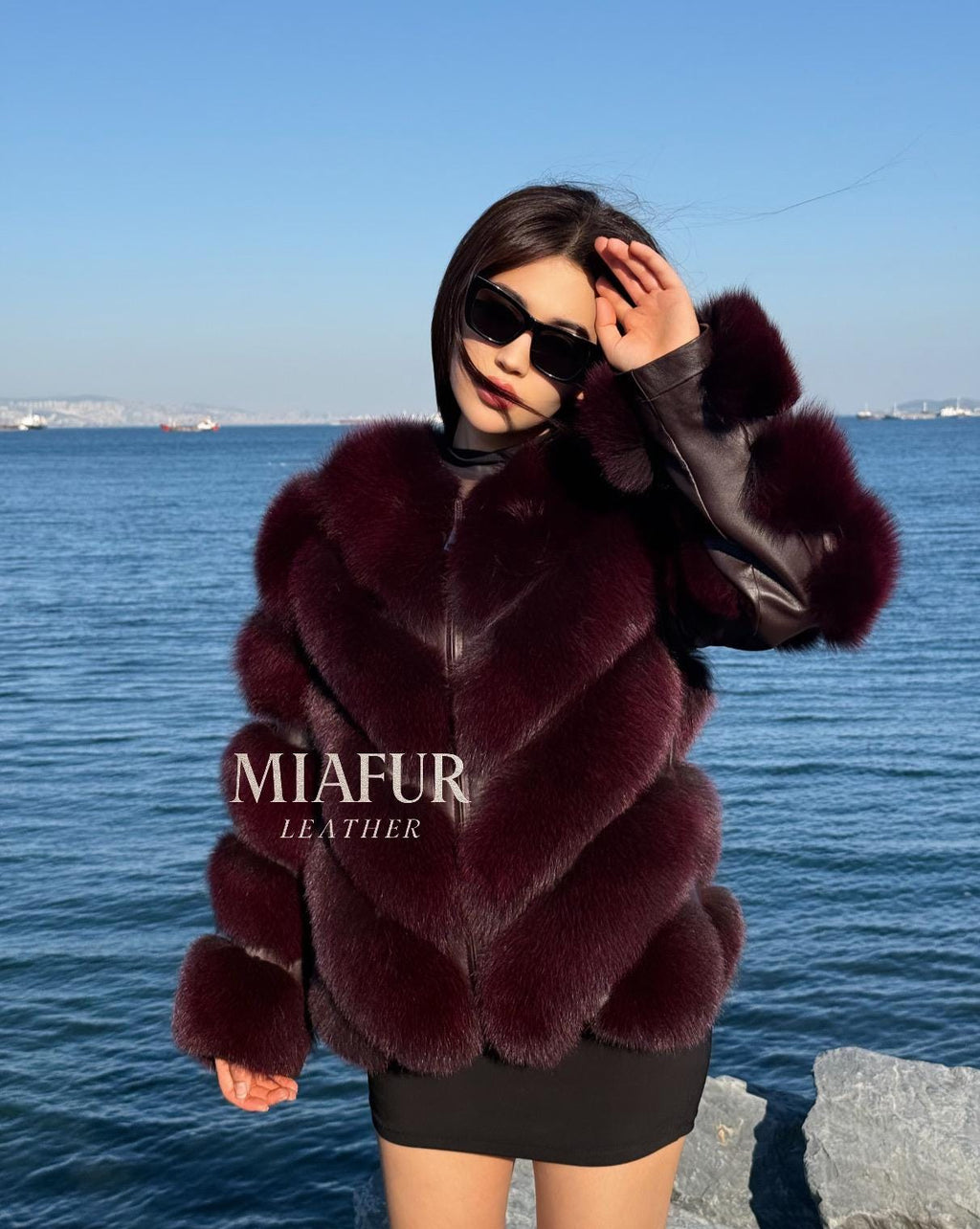 Women’s Burgundy Fox Fur Jacket: Handmade Detachable Sleeve Short Fur Coat
