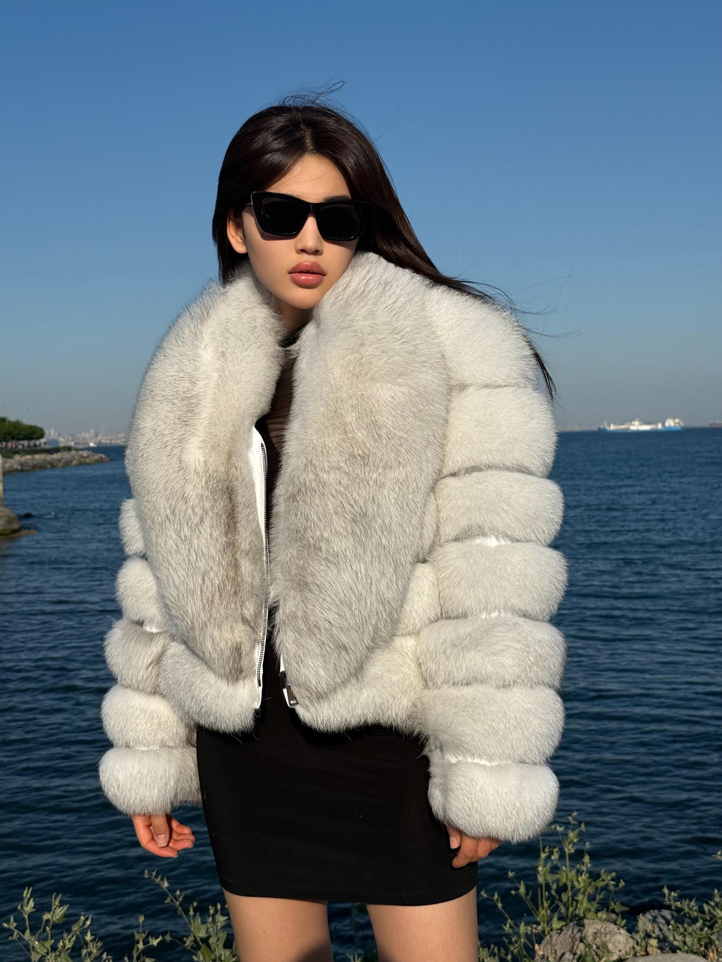 Women’s White Fox Fur Jacket, Handmade Detachable Sleeves Short Fur Coat