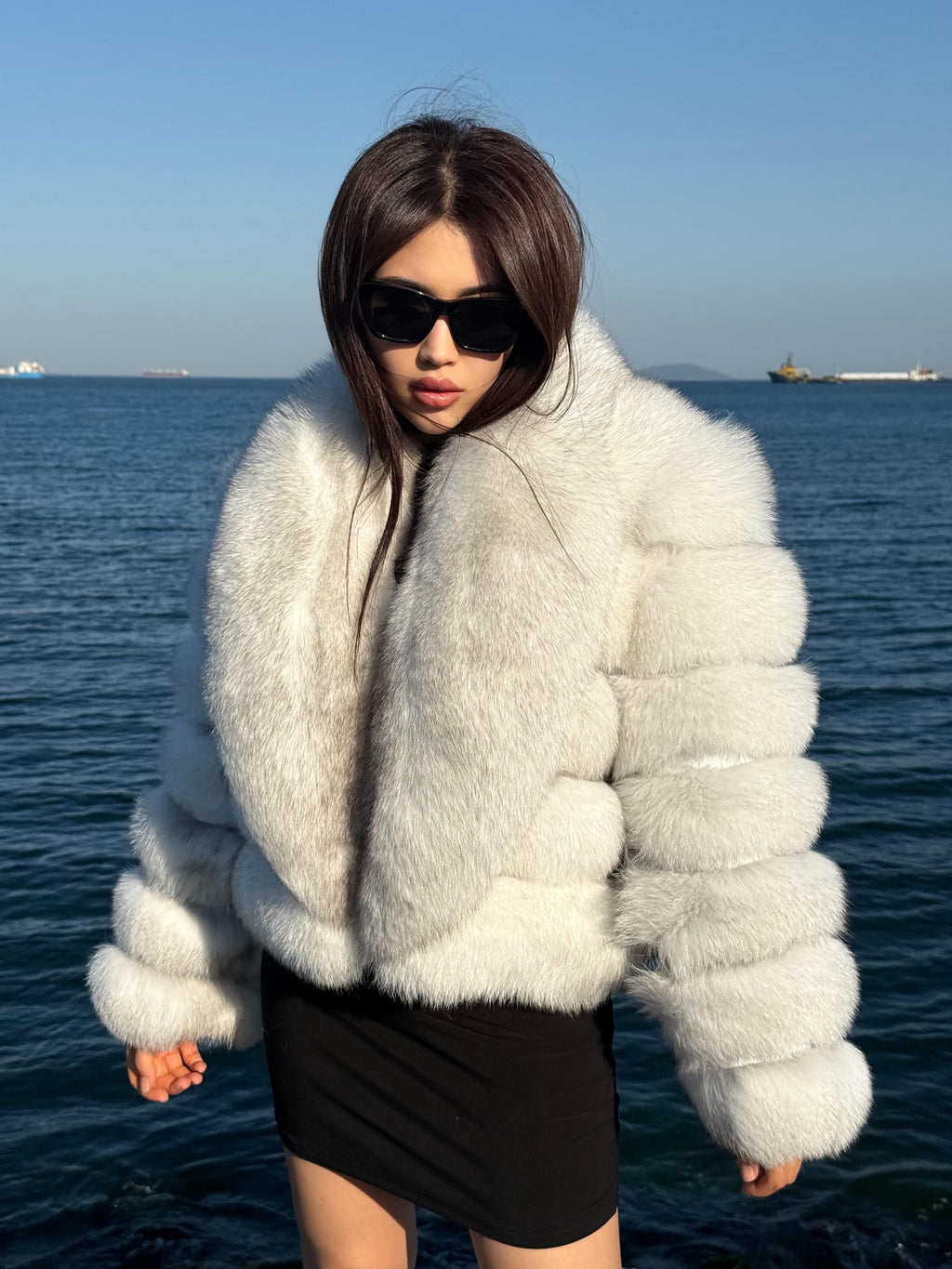 Women’s White Fox Fur Jacket, Handmade Detachable Sleeves Short Fur Coat