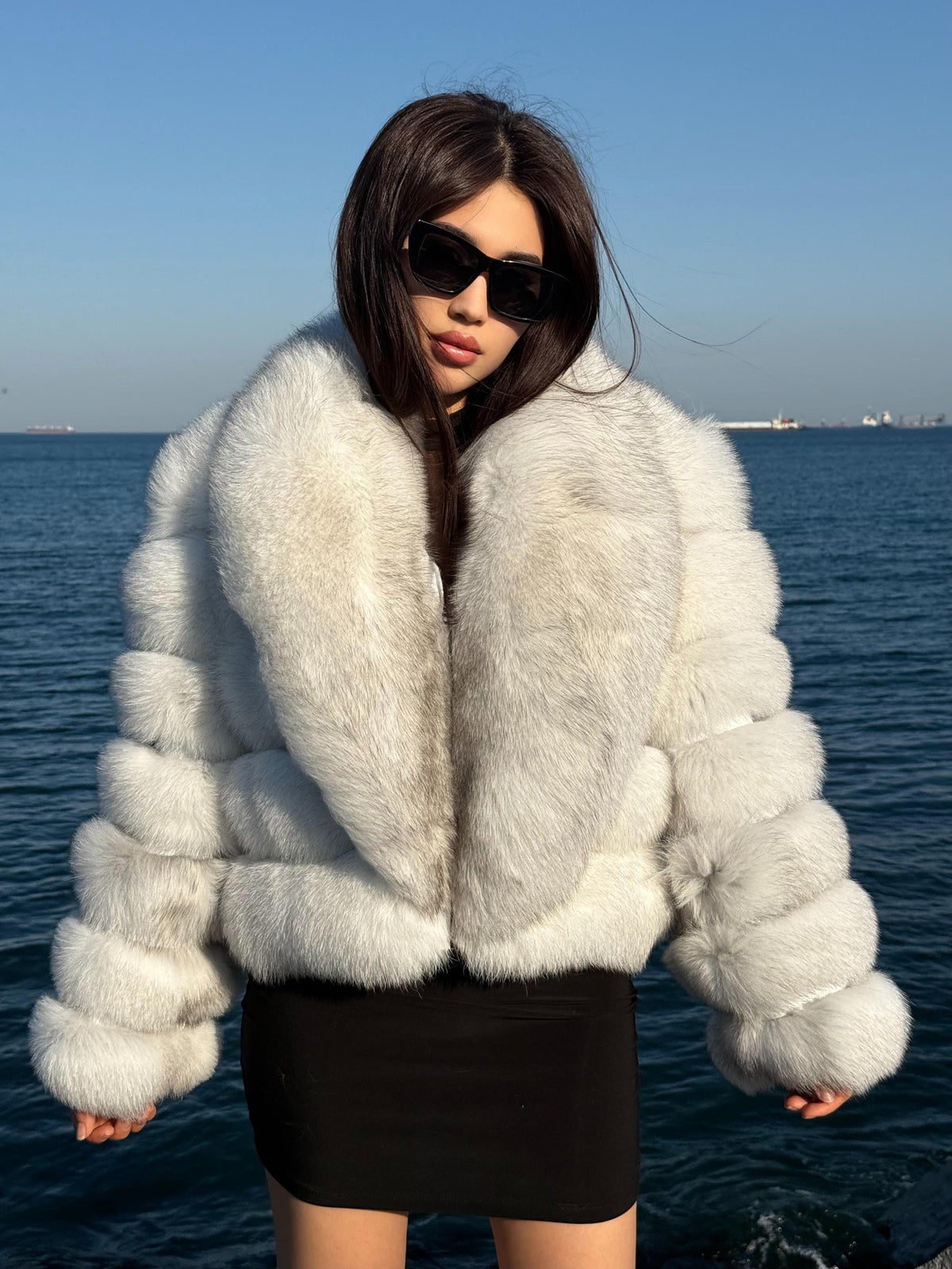 Women’s White Fox Fur Jacket, Handmade Detachable Sleeves Short Fur Coat