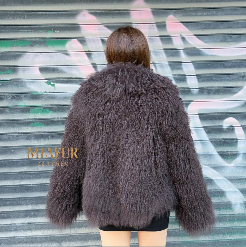 Women’s Brown Tibetan Fur Coat, Handmade Shaggy Mongolian Lamb Fur Jacket