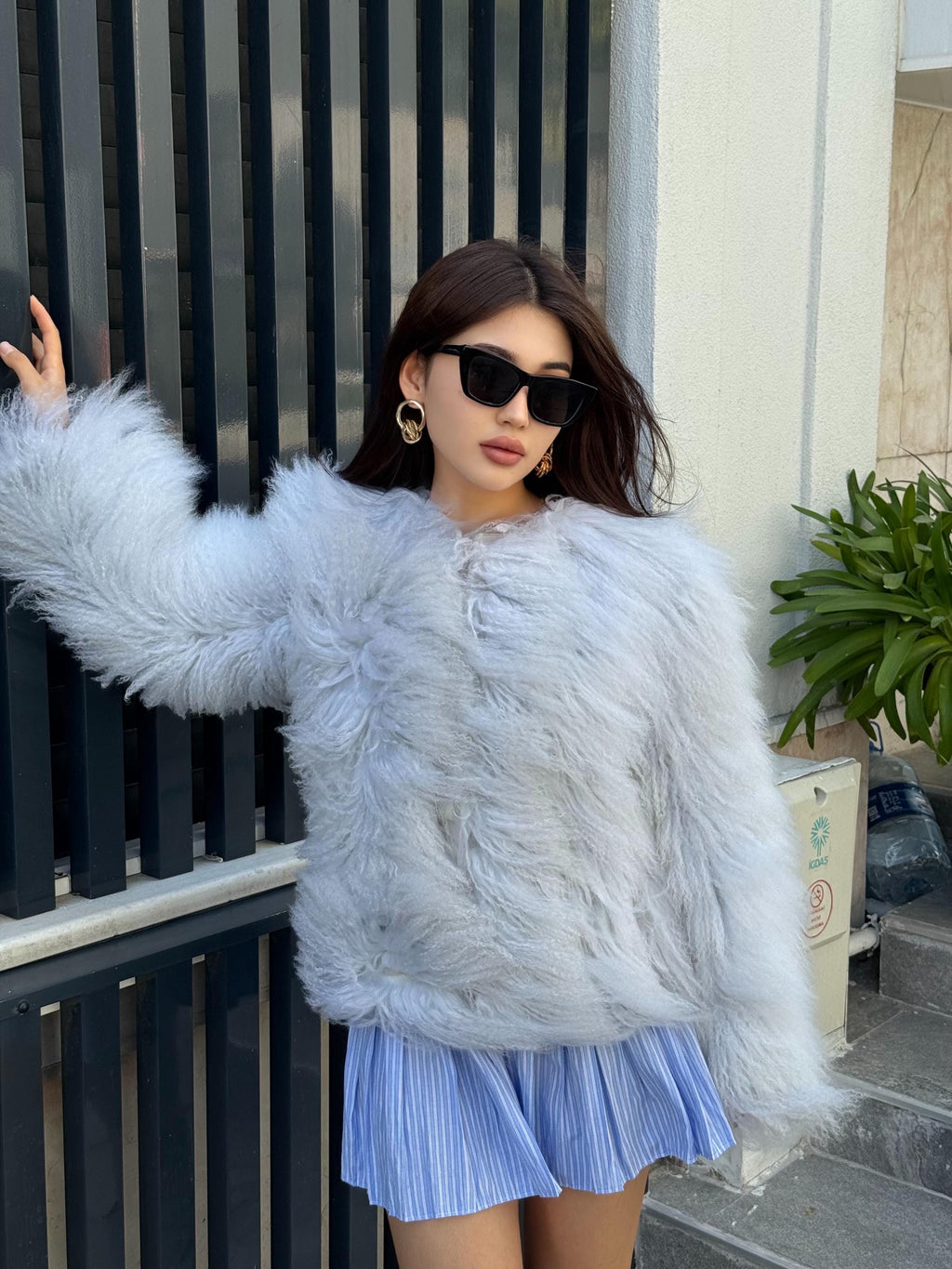 Women’s Ice Blue Tibetan Fur Coat: Handmade Luxury Mongolian Lamb Fur Jacket