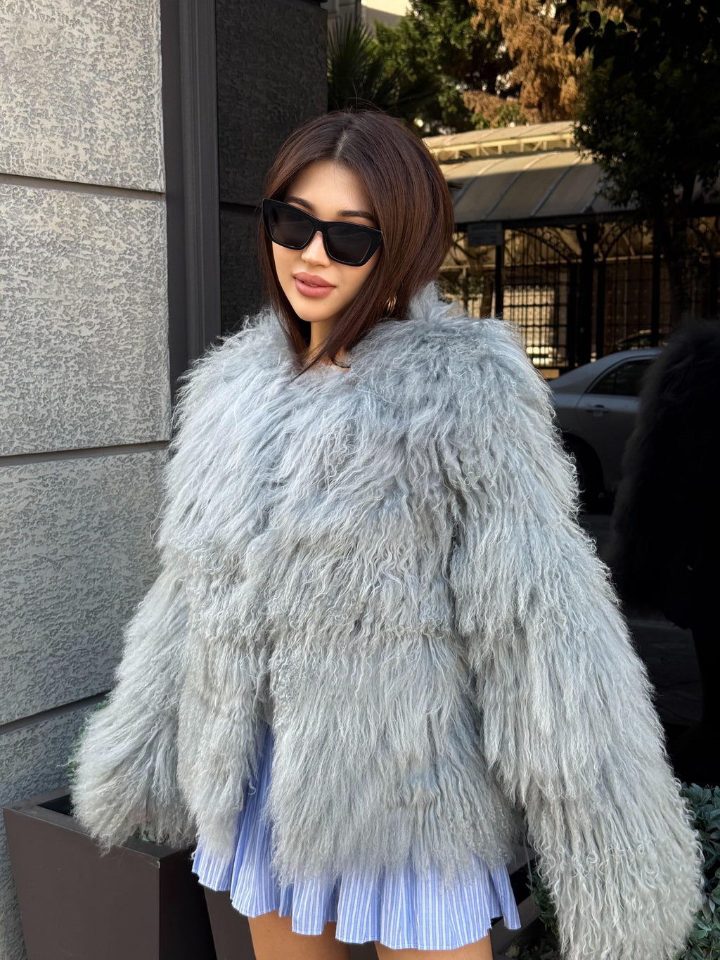 Ice Gray Tibetan Fur Coat, Shaggy Lamb Fur Coat , Women Mongolian Fur Jacket