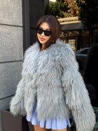 Ice Gray Tibetan Fur Coat, Shaggy Lamb Fur Coat , Women Mongolian Fur Jacket