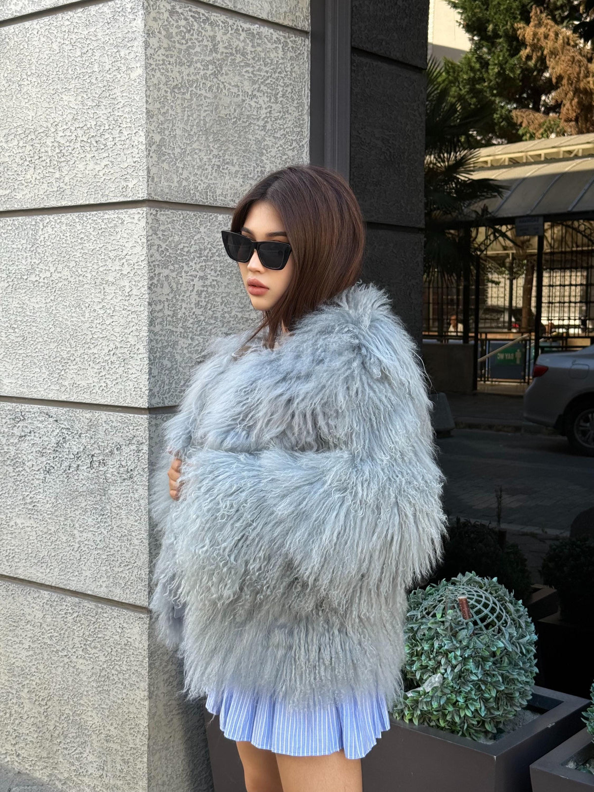 Ice Gray Tibetan Fur Coat, Shaggy Lamb Fur Coat , Women Mongolian Fur Jacket