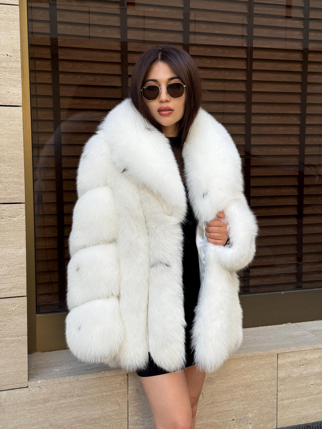 Luxury Shadow White Fox Fur Coat | Handmade Warm Genuine Fur Jacket for Women