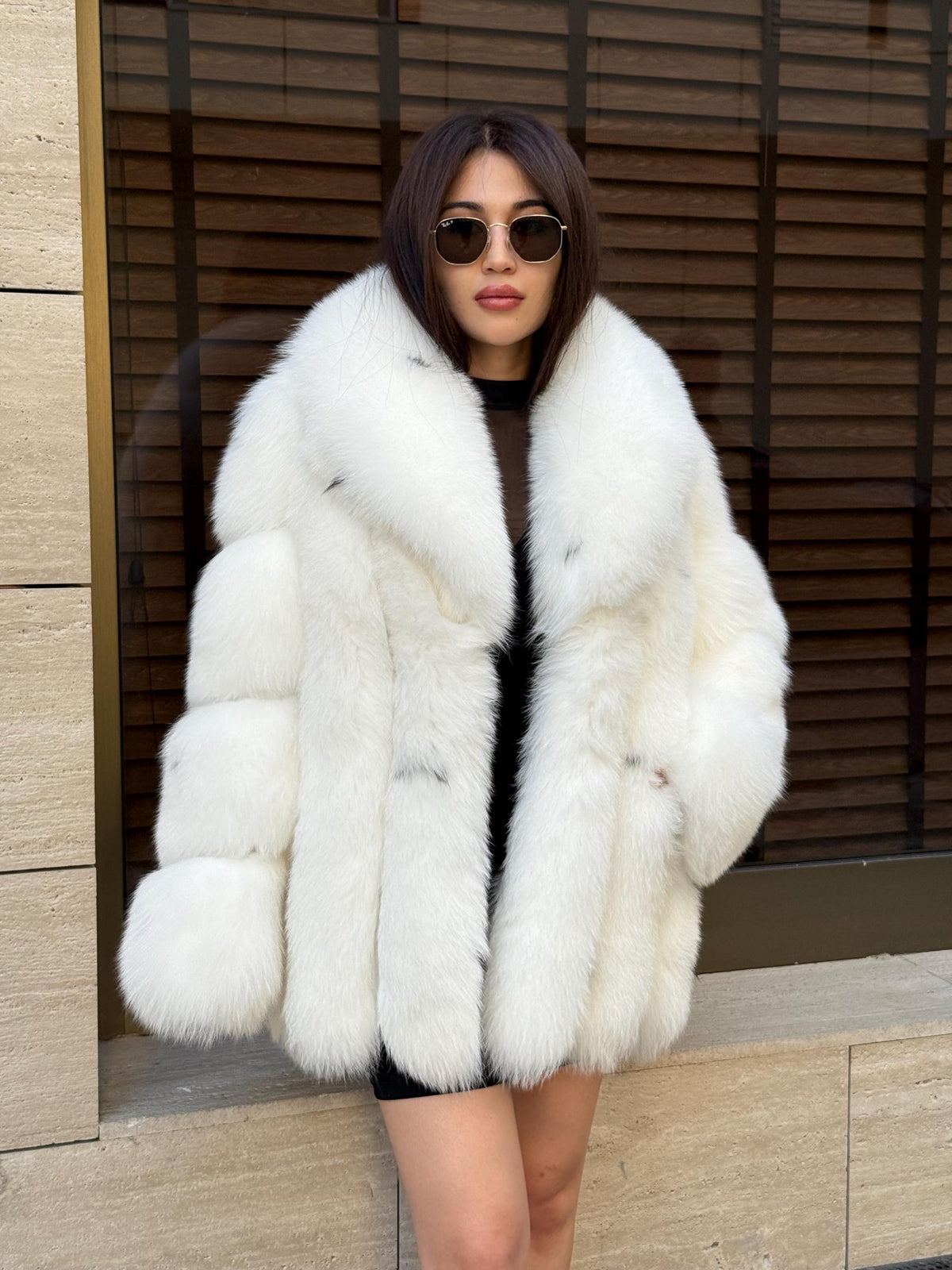 Luxury Shadow White Fox Fur Coat | Handmade Warm Genuine Fur Jacket for Women