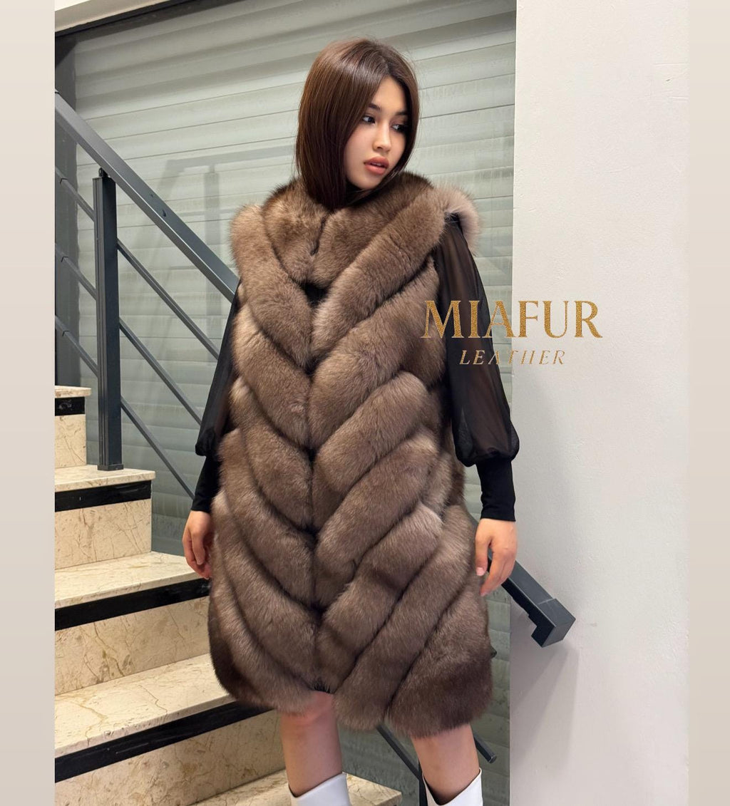 Women’s Brown Fox Fur Vest, Handmade Long Sable Color Fur Gilet