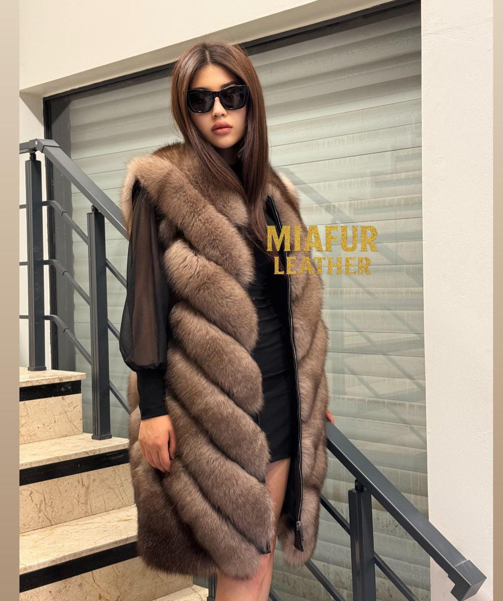 Women’s Brown Fox Fur Vest, Handmade Long Sable Color Fur Gilet