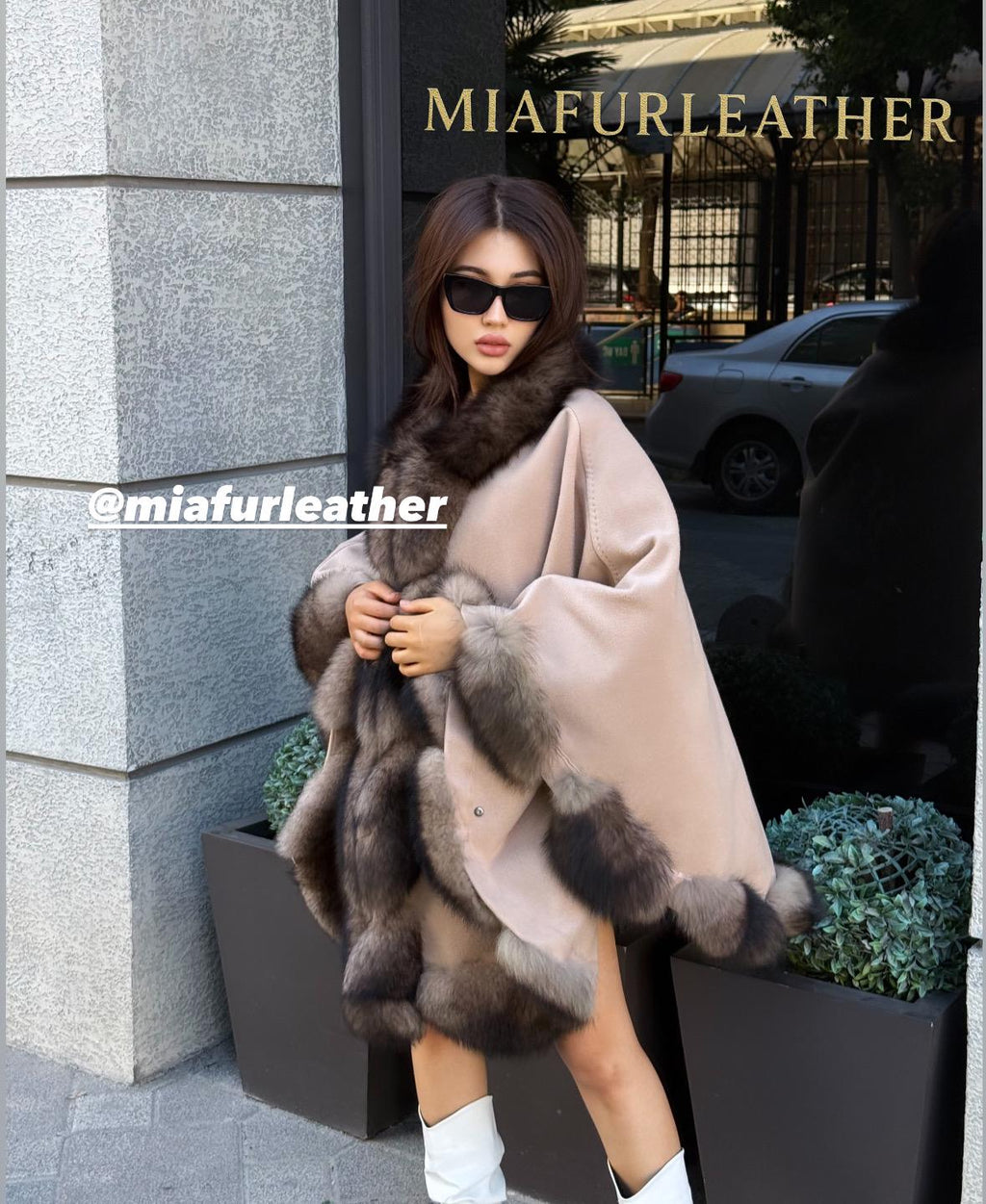 Luxury Zibellino Alpaca Cape , Women’s Handmade Sable Color Fox Fur Trim Shawl