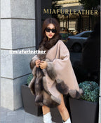 Luxury Zibellino Alpaca Cape , Women’s Handmade Sable Color Fox Fur Trim Shawl