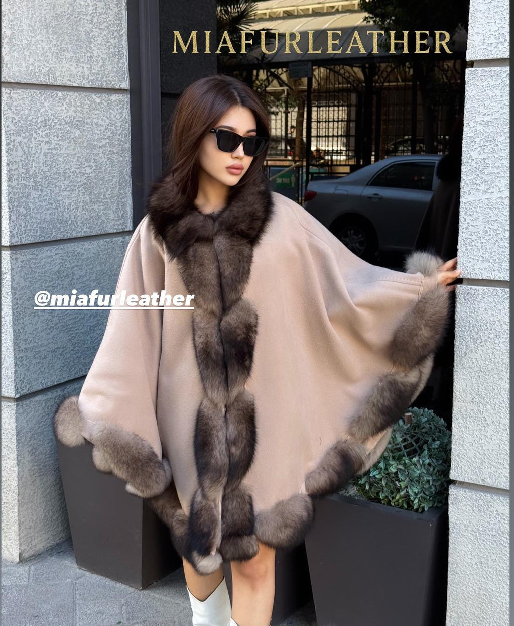 Luxury Zibellino Alpaca Cape , Women’s Handmade Sable Color Fox Fur Trim Shawl