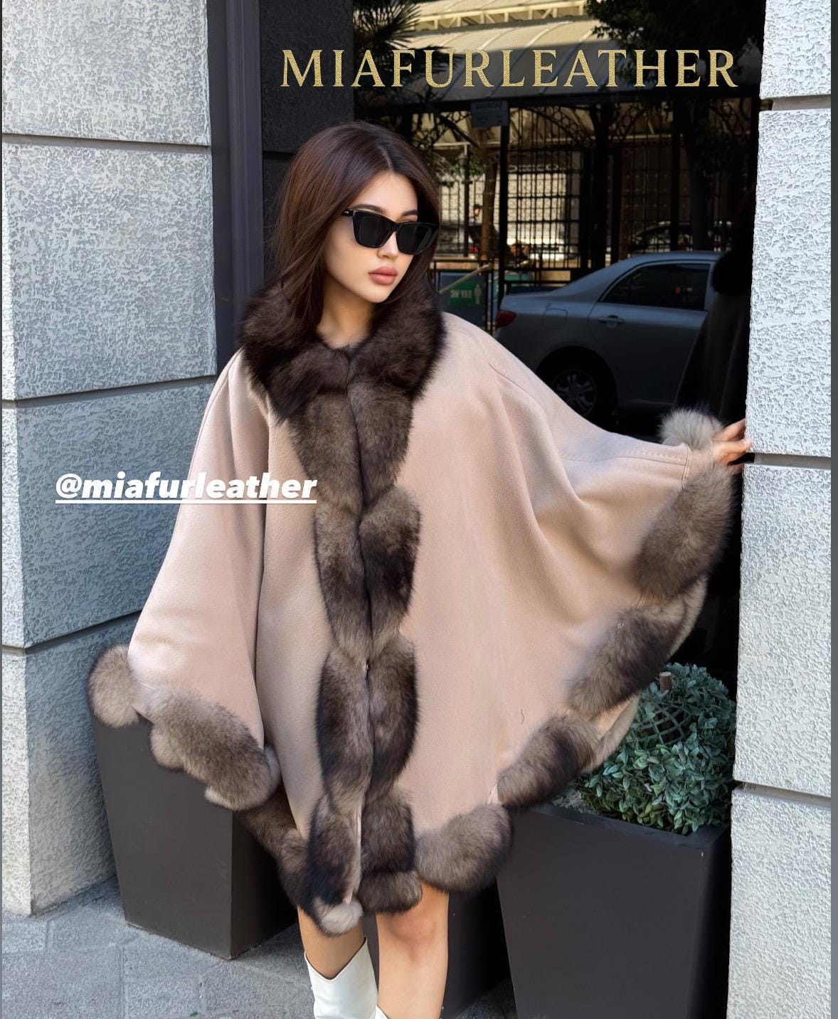 Luxury Zibellino Alpaca Cape , Women’s Handmade Sable Color Fox Fur Trim Shawl