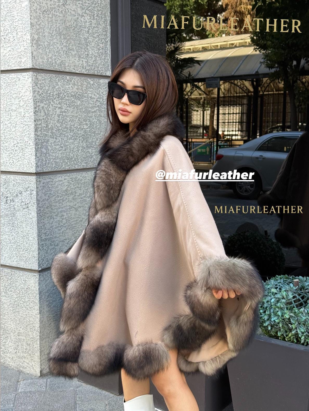 Luxury Zibellino Alpaca Cape , Women’s Handmade Sable Color Fox Fur Trim Shawl