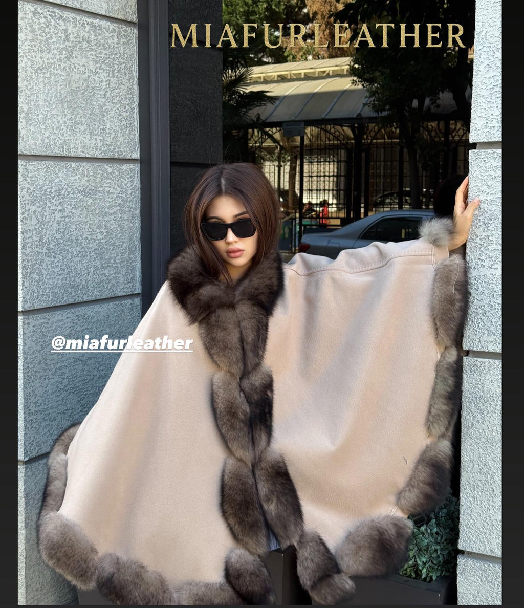 Luxury Zibellino Alpaca Cape , Women’s Handmade Sable Color Fox Fur Trim Shawl