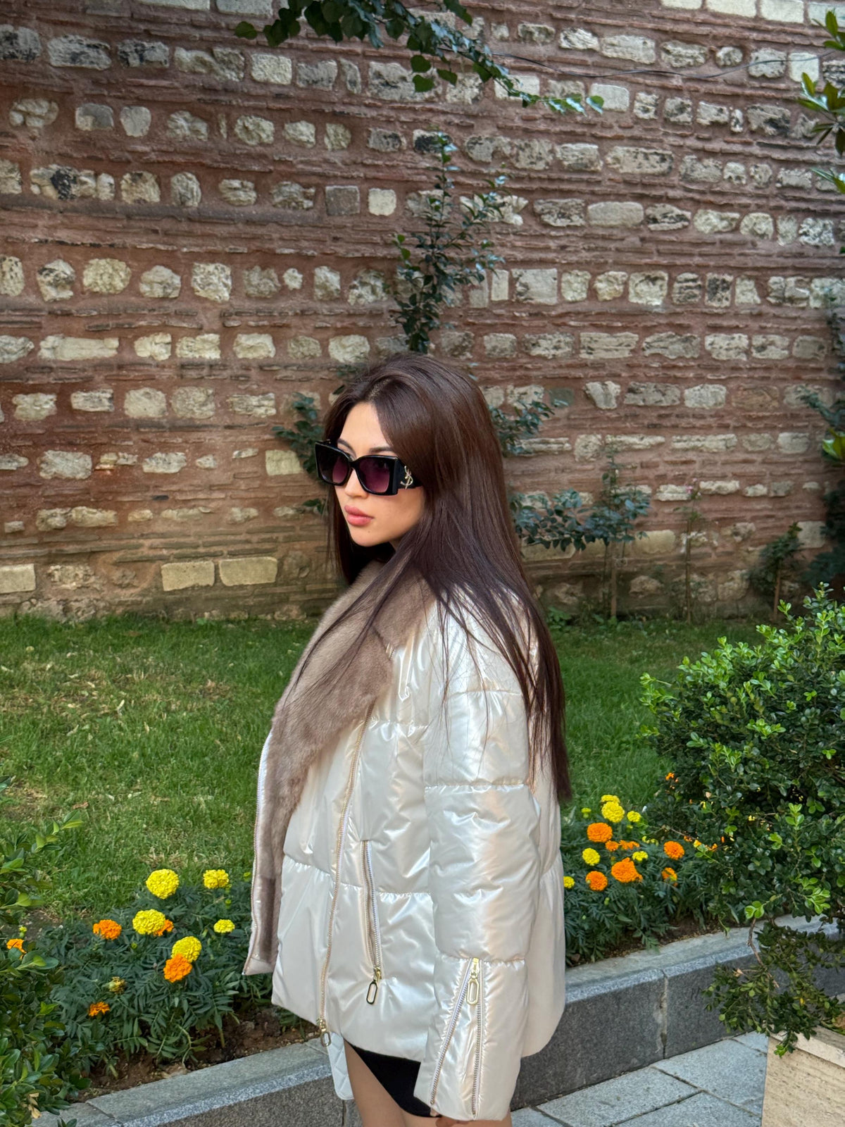 Ecru Handmade Luxury Shiny Puffer Coat with Real Mink Fur Trim | Winter Warm Elegant Jacket | Designer Style Outerwear for Women