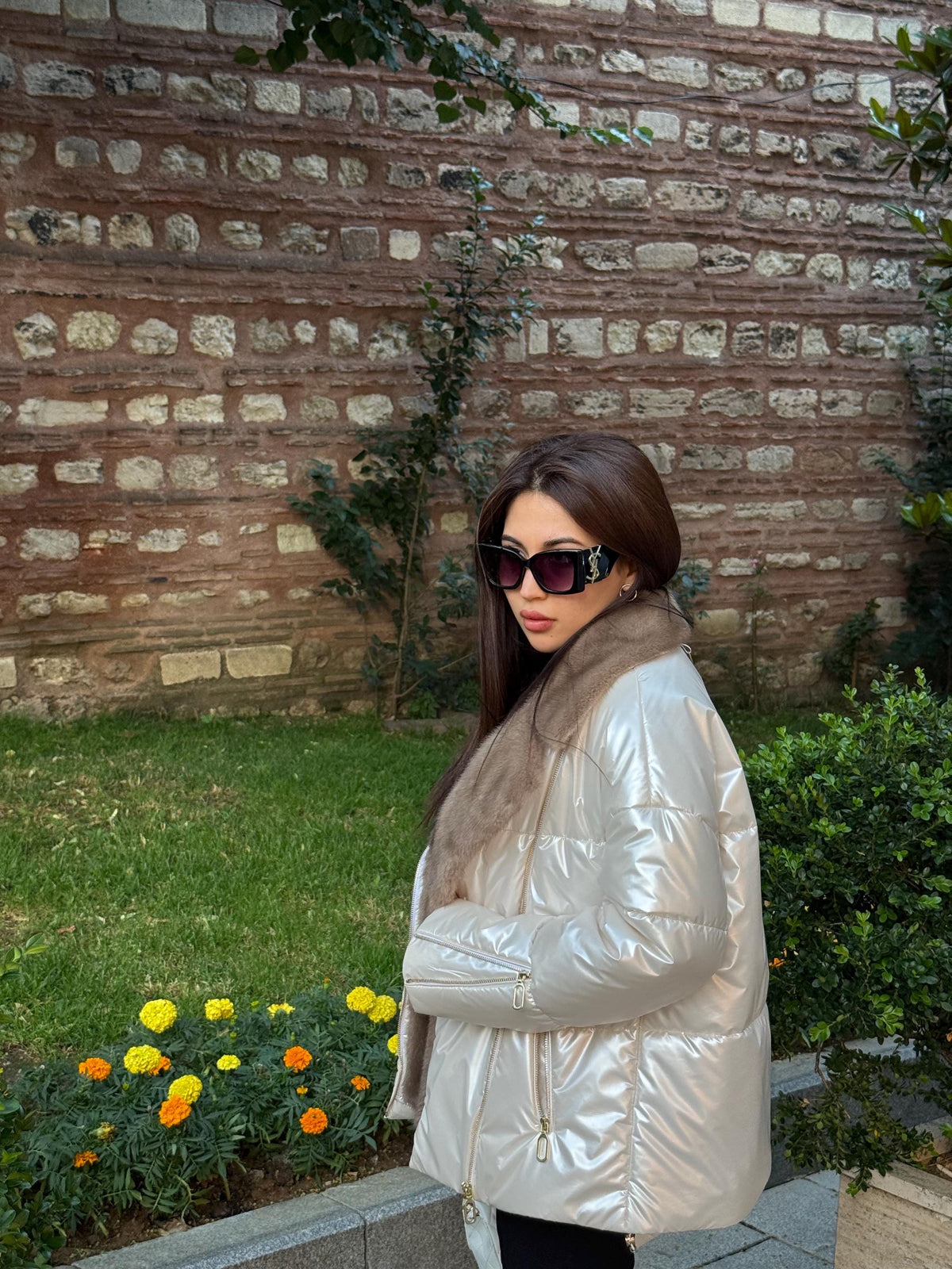 Ecru Handmade Luxury Shiny Puffer Coat with Real Mink Fur Trim | Winter Warm Elegant Jacket | Designer Style Outerwear for Women