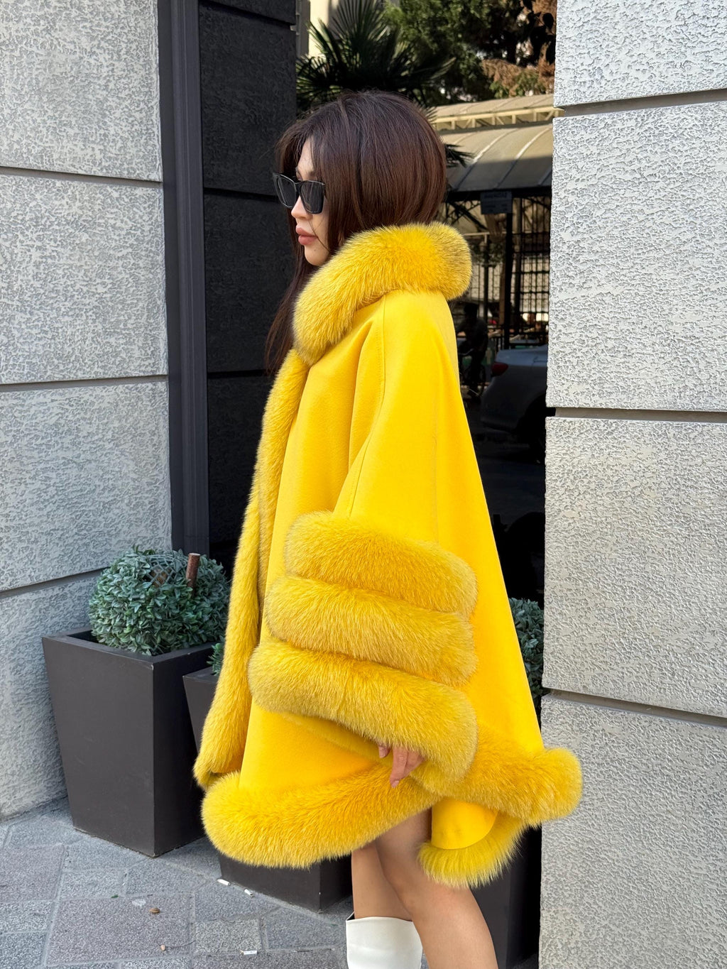 Yellow Cashmere Cape With Fur Trim, Handmade Plus Size Fox Fur Shawl