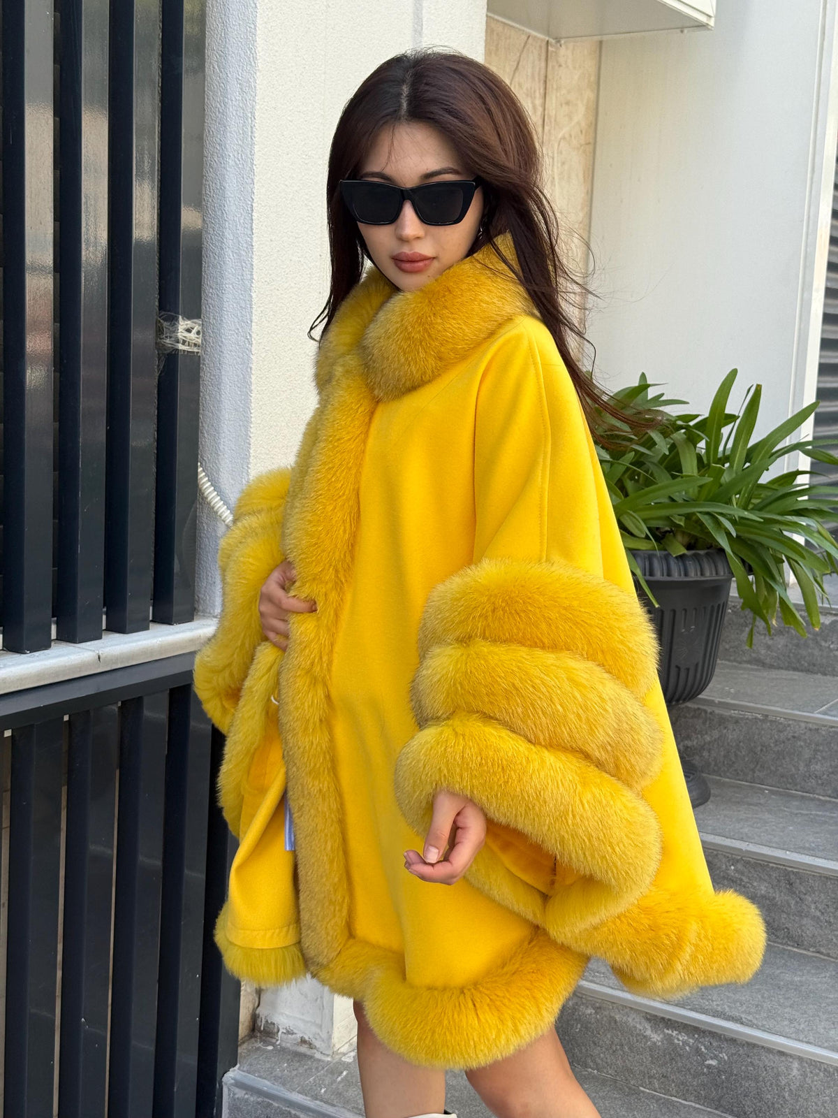 Yellow Cashmere Cape With Fur Trim, Handmade Plus Size Fox Fur Shawl