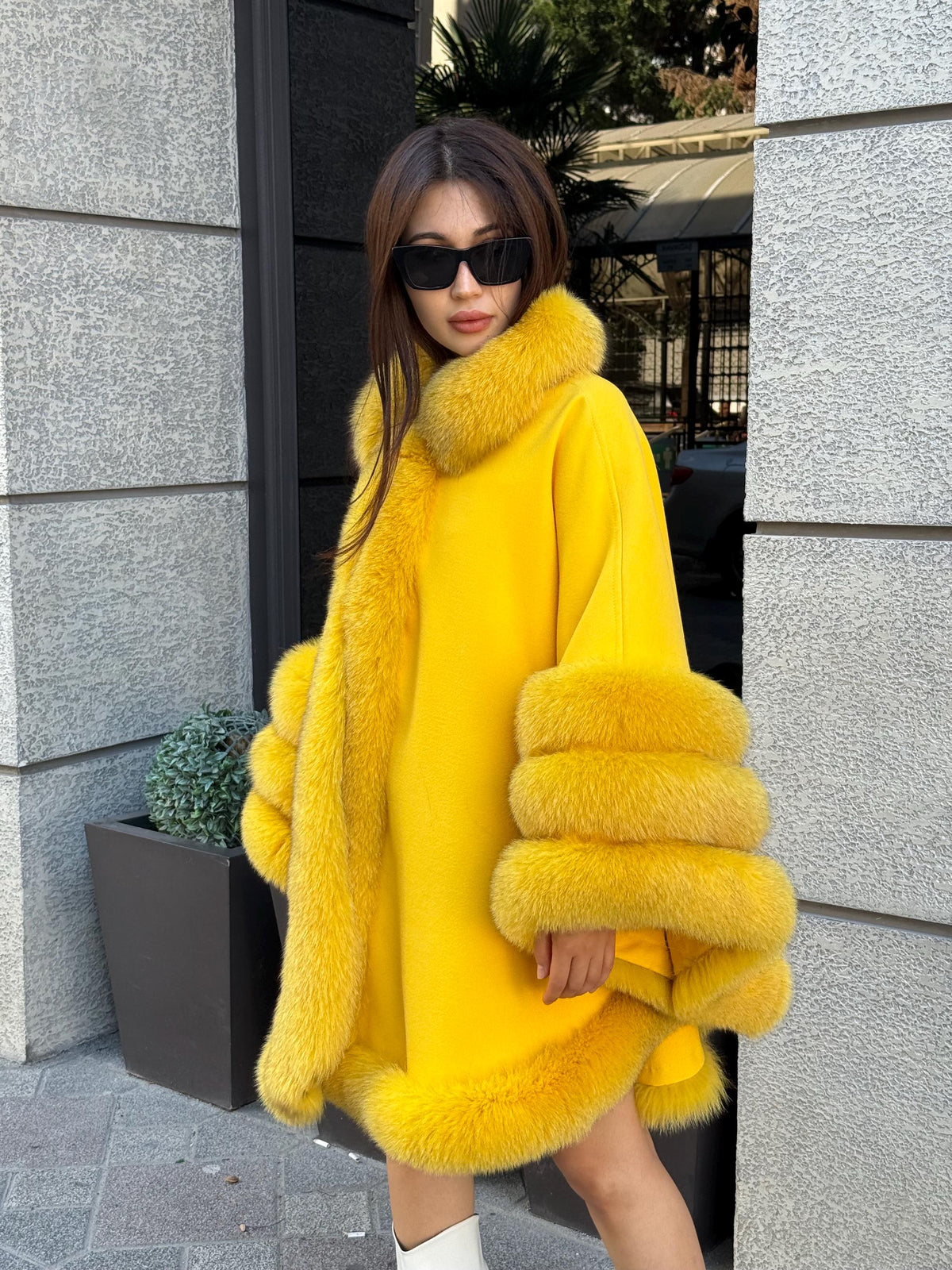 Yellow Cashmere Cape With Fur Trim, Handmade Plus Size Fox Fur Shawl