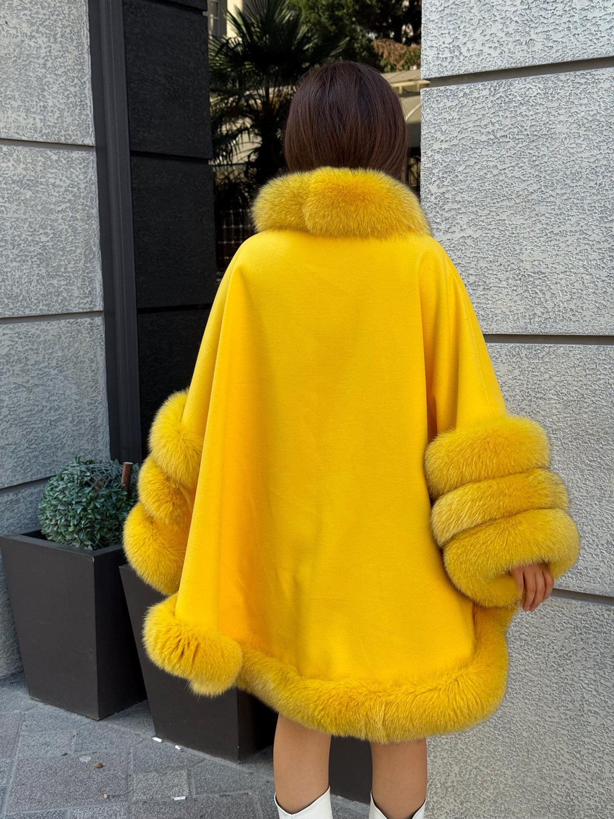 Yellow Cashmere Cape With Fur Trim, Handmade Plus Size Fox Fur Shawl