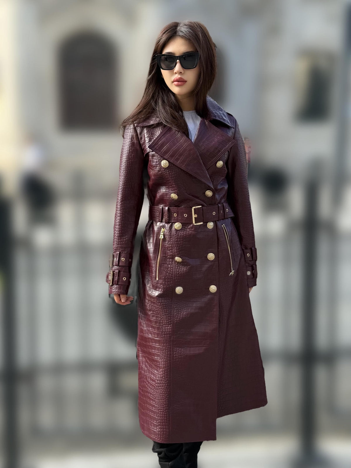 Burgundy Croco Print Leather Trench Coat: Handmade Military Style Outerwear