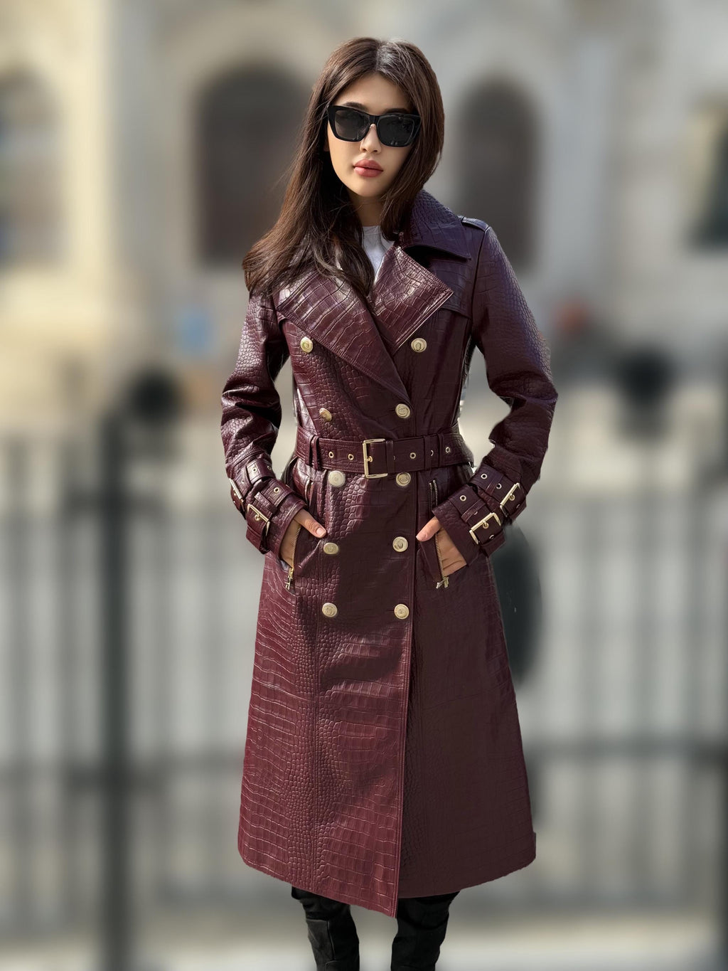 Burgundy Croco Print Leather Trench Coat: Handmade Military Style Outerwear