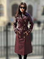 Burgundy Croco Print Leather Trench Coat: Handmade Military Style Outerwear