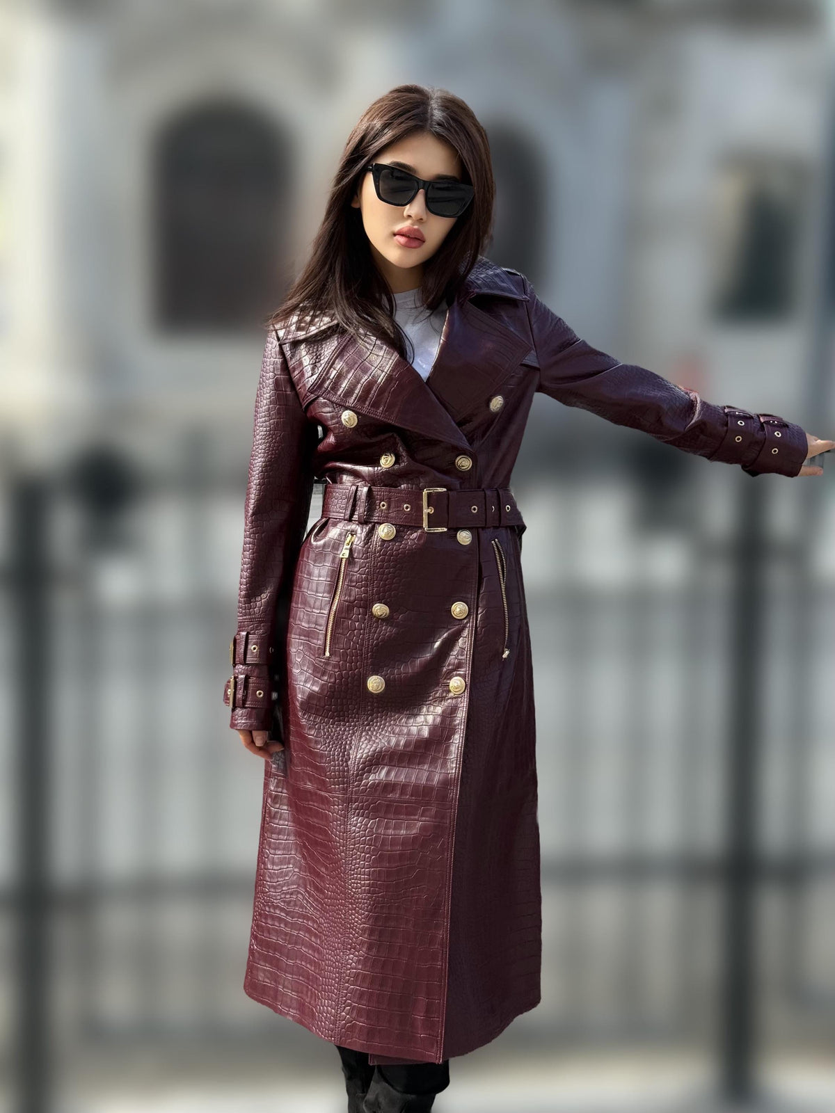 Burgundy Croco Print Leather Trench Coat: Handmade Military Style Outerwear