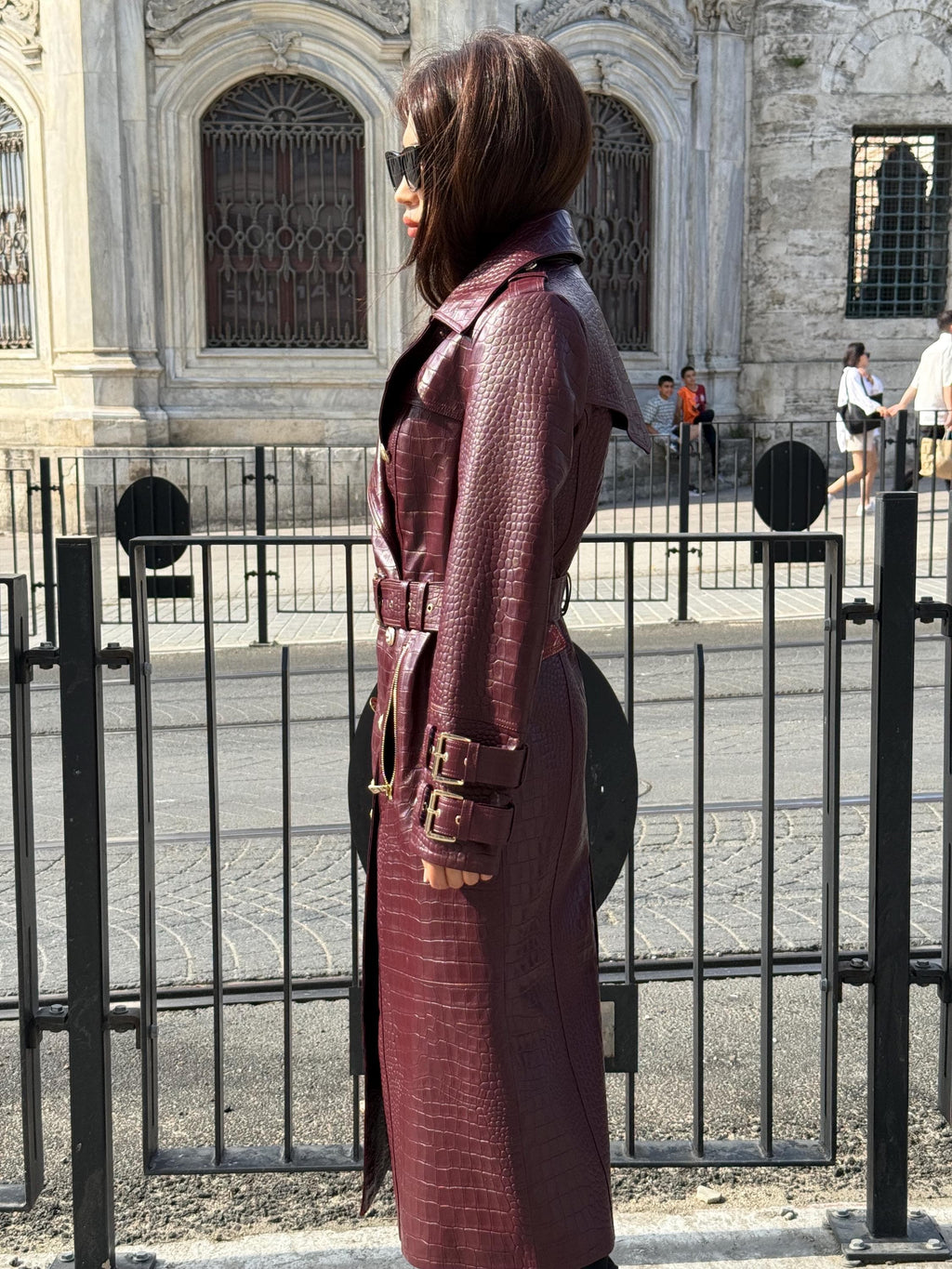 Burgundy Croco Print Leather Trench Coat: Handmade Military Style Outerwear