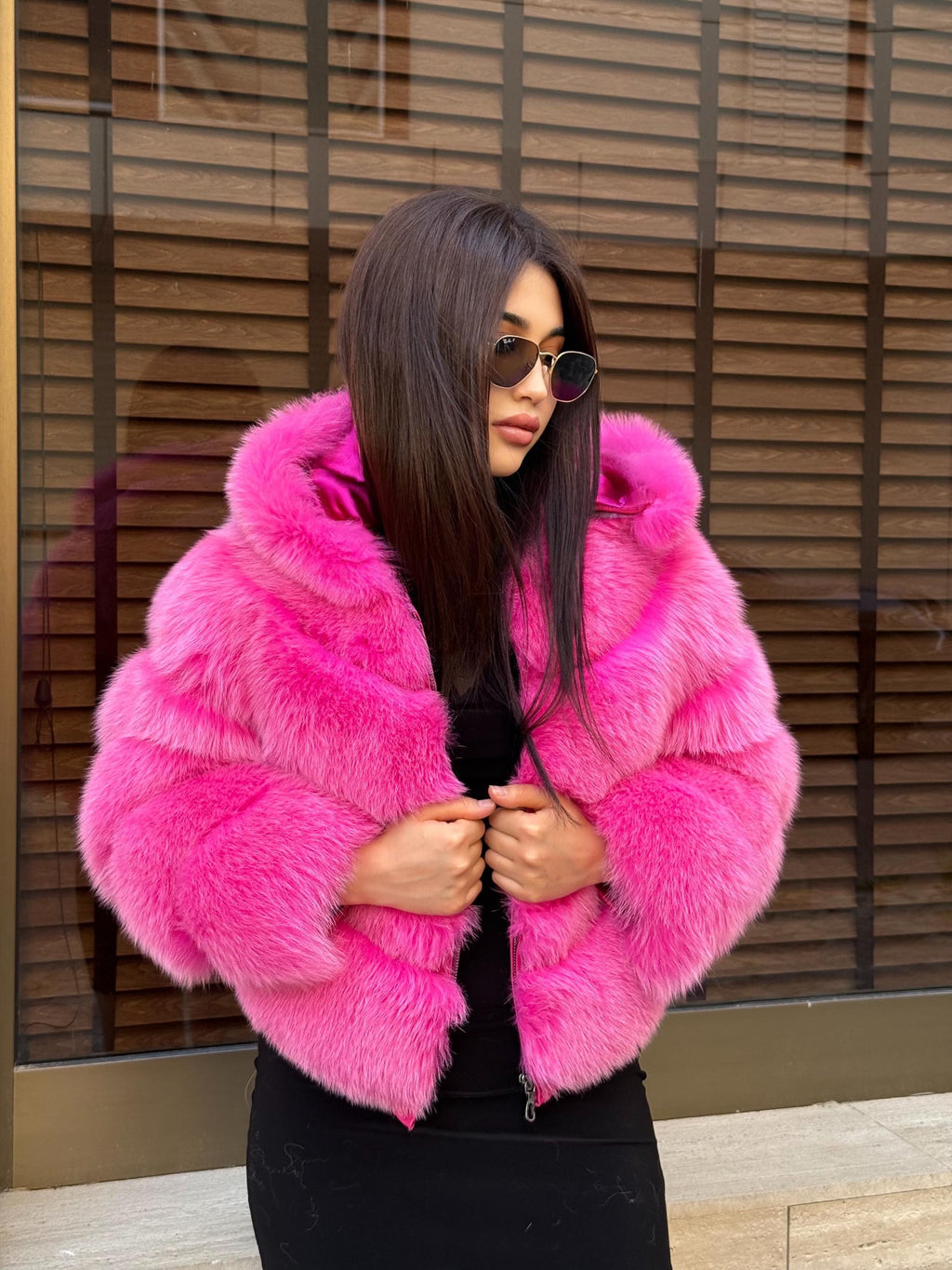 Women’s Pink Fox Fur Jacket, Handmade Luxury Detachable Hood Sleeves Short Fur Coat