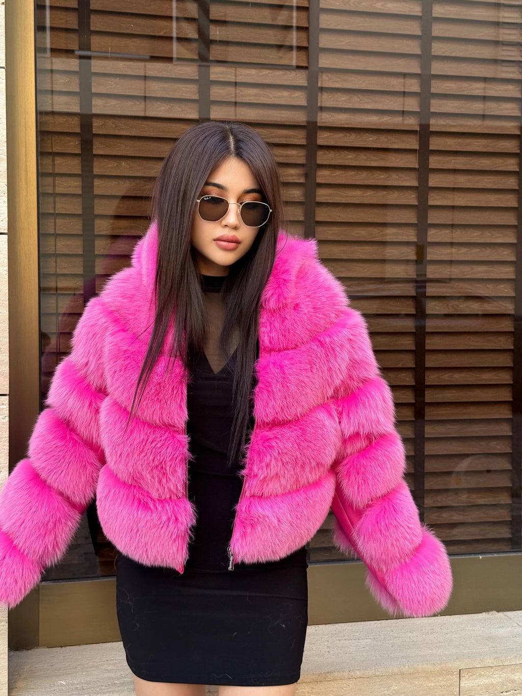 Women’s Pink Fox Fur Jacket, Handmade Luxury Detachable Hood Sleeves Short Fur Coat