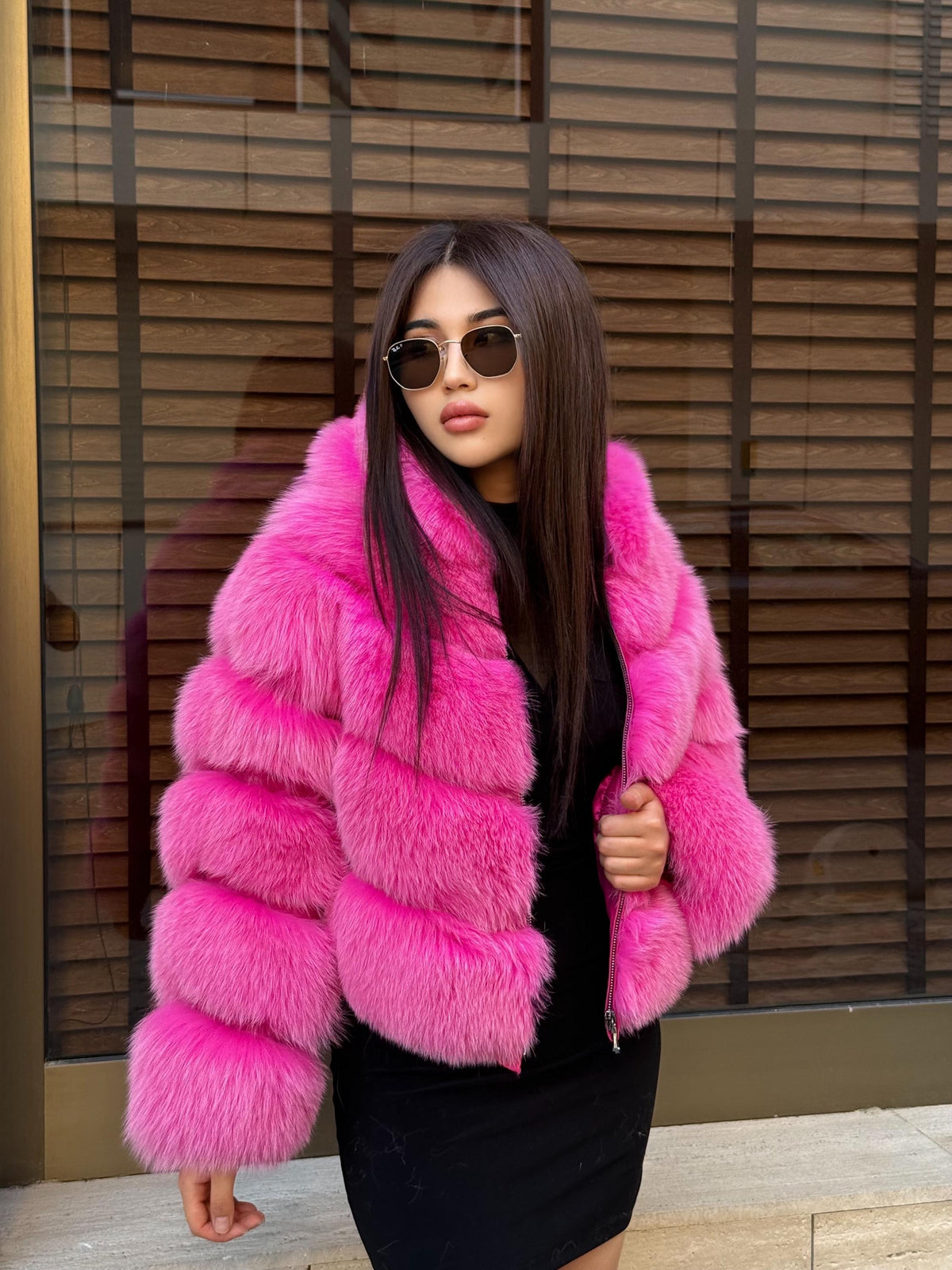 Women’s Pink Fox Fur Jacket, Handmade Luxury Detachable Hood Sleeves Short Fur Coat