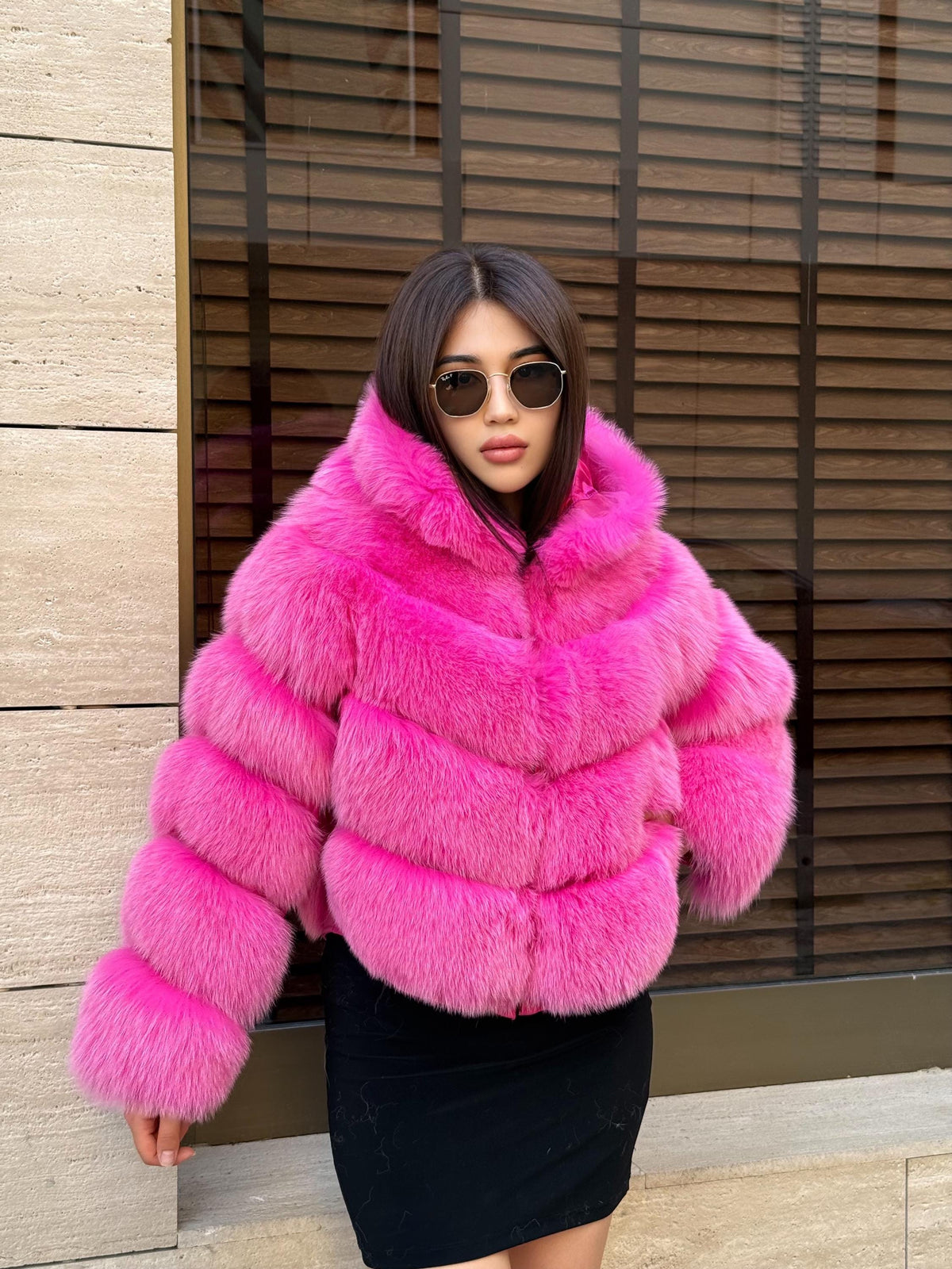 Women’s Pink Fox Fur Jacket, Handmade Luxury Detachable Hood Sleeves Short Fur Coat