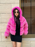 Women’s Pink Fox Fur Jacket, Handmade Luxury Detachable Hood Sleeves Short Fur Coat