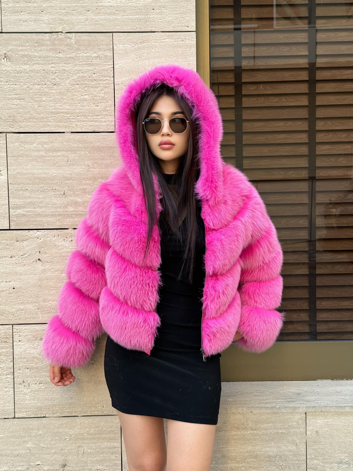 Women’s Pink Fox Fur Jacket, Handmade Luxury Detachable Hood Sleeves Short Fur Coat