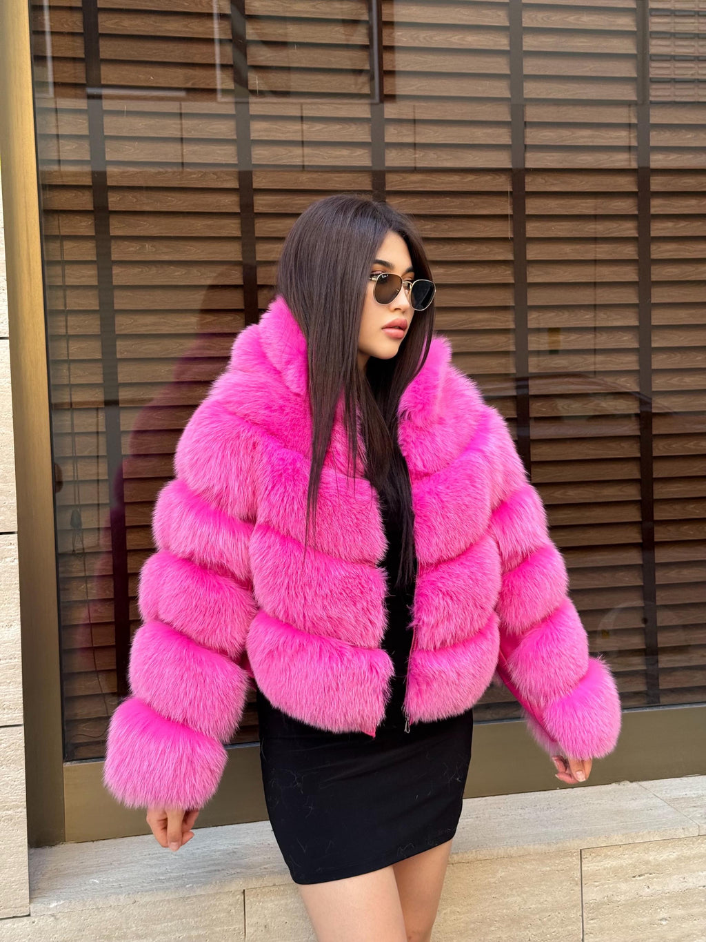 Women’s Pink Fox Fur Jacket, Handmade Luxury Detachable Hood Sleeves Short Fur Coat