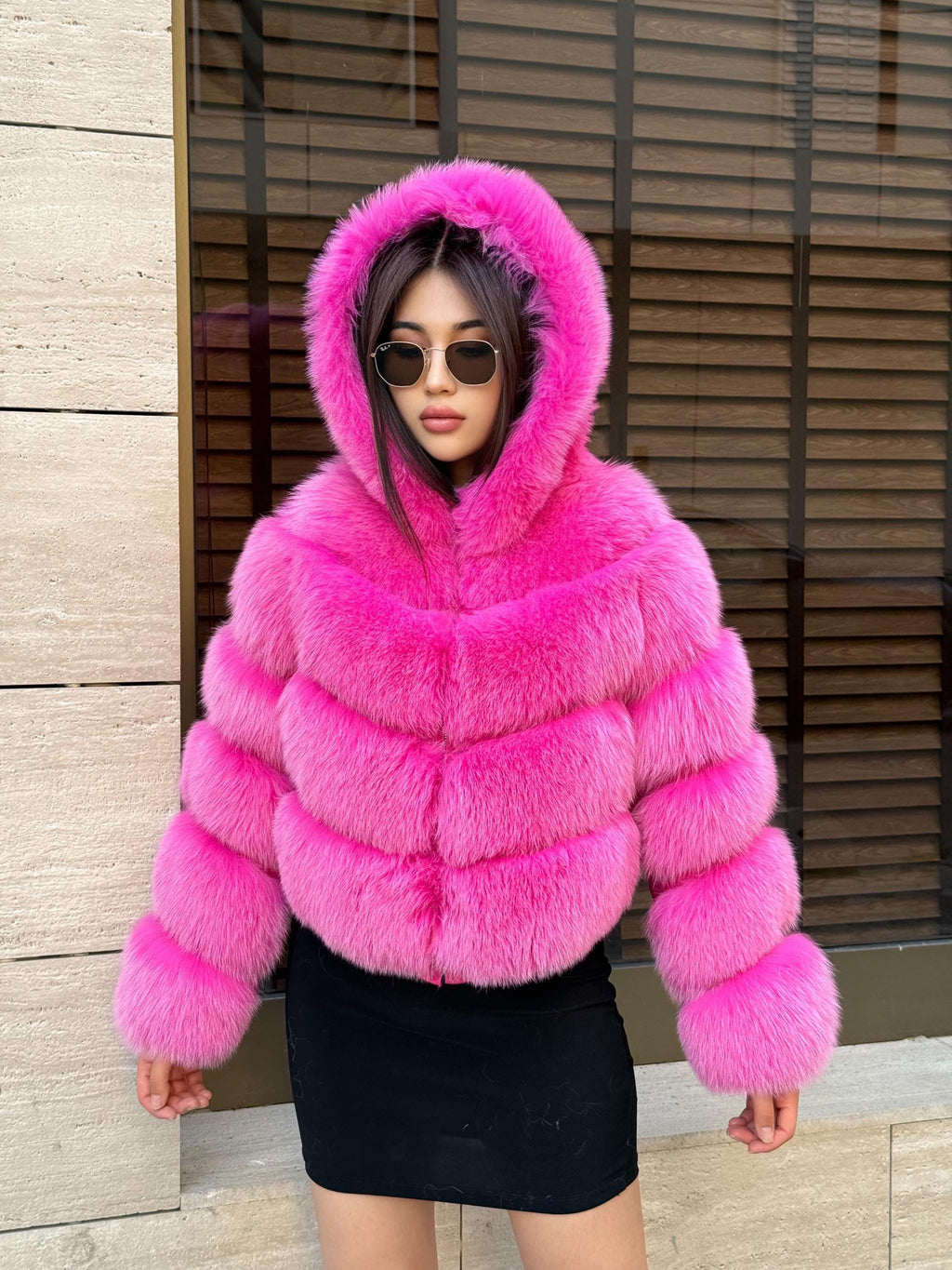 Women’s Pink Fox Fur Jacket, Handmade Luxury Detachable Hood Sleeves Short Fur Coat