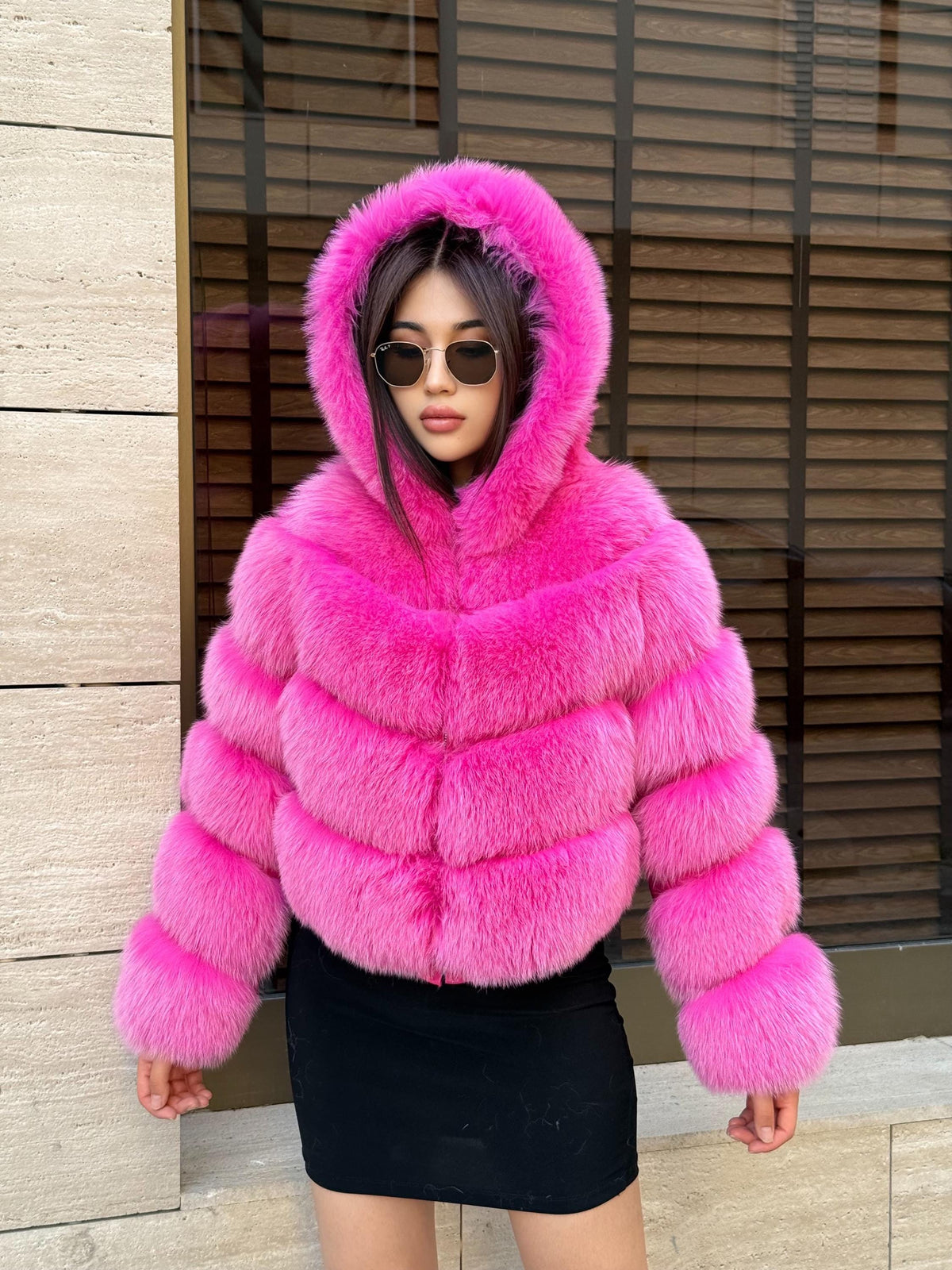 Women’s Pink Fox Fur Jacket, Handmade Luxury Detachable Hood Sleeves Short Fur Coat