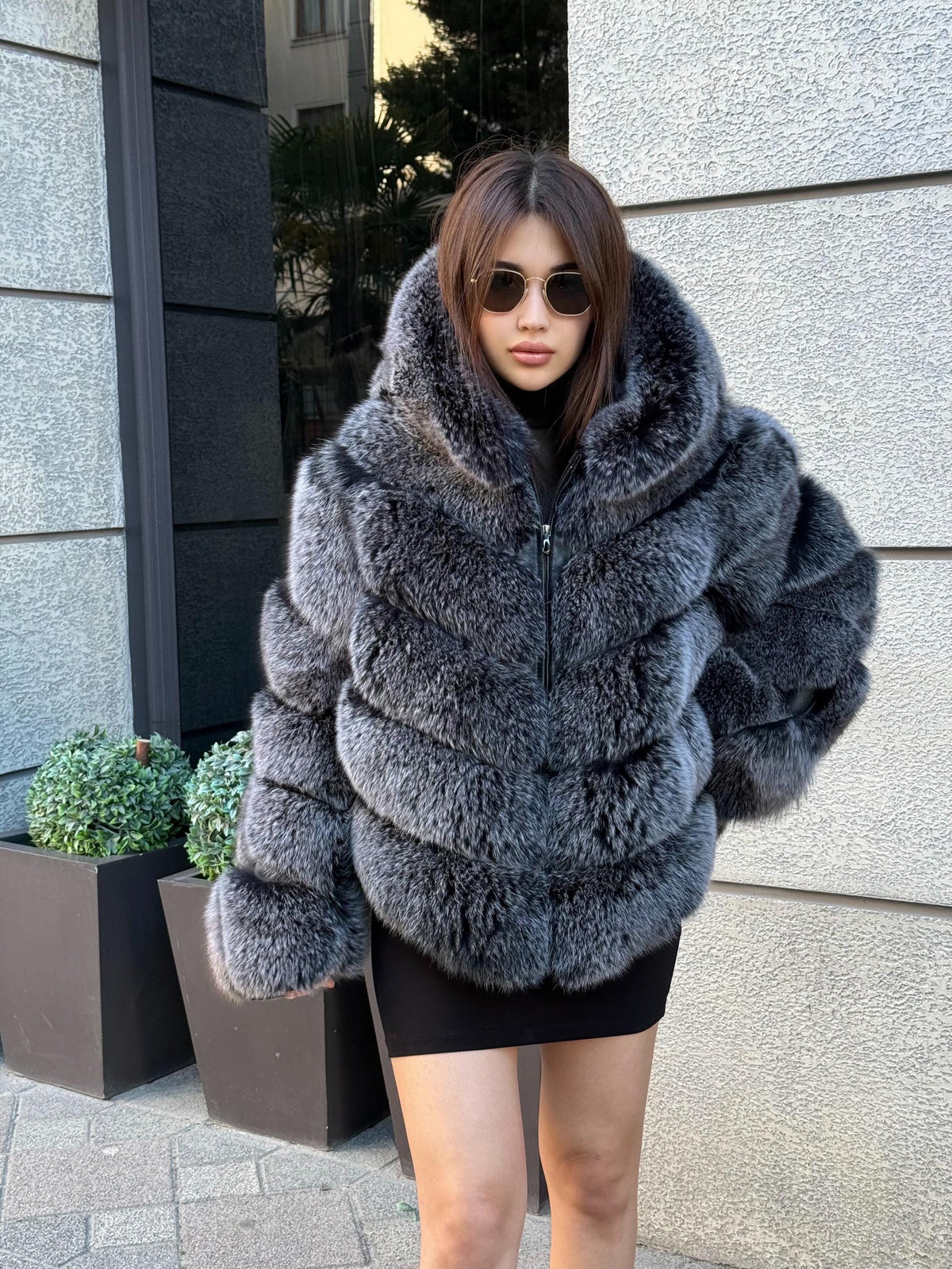 Silver Fox Fur Jacket: Detachable Hood Sleeves Fox Fur Coat.. Frost Fox Fur Jacket.- Women Fox Fur Coat__ Warm Winter Fur Coat