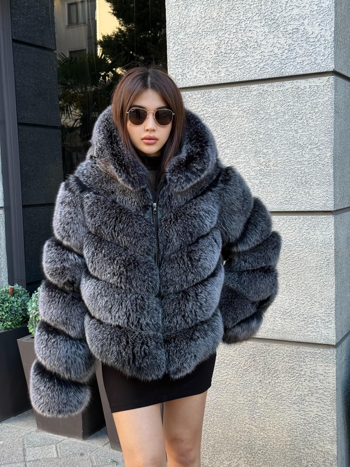Silver Fox Fur Jacket: Detachable Hood Sleeves Fox Fur Coat.. Frost Fox Fur Jacket.- Women Fox Fur Coat__ Warm Winter Fur Coat
