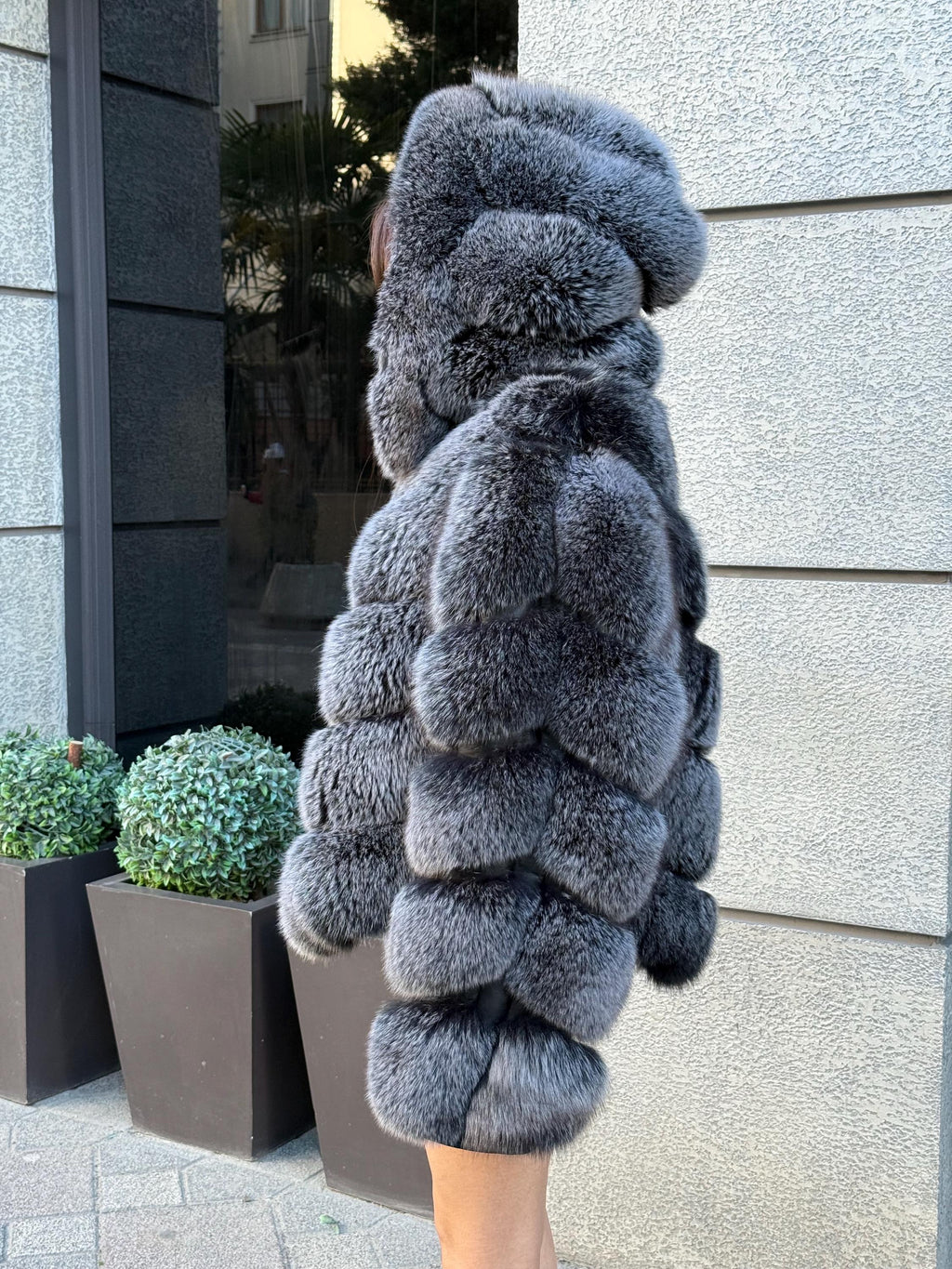Silver Fox Fur Jacket: Detachable Hood Sleeves Fox Fur Coat.. Frost Fox Fur Jacket.- Women Fox Fur Coat__ Warm Winter Fur Coat
