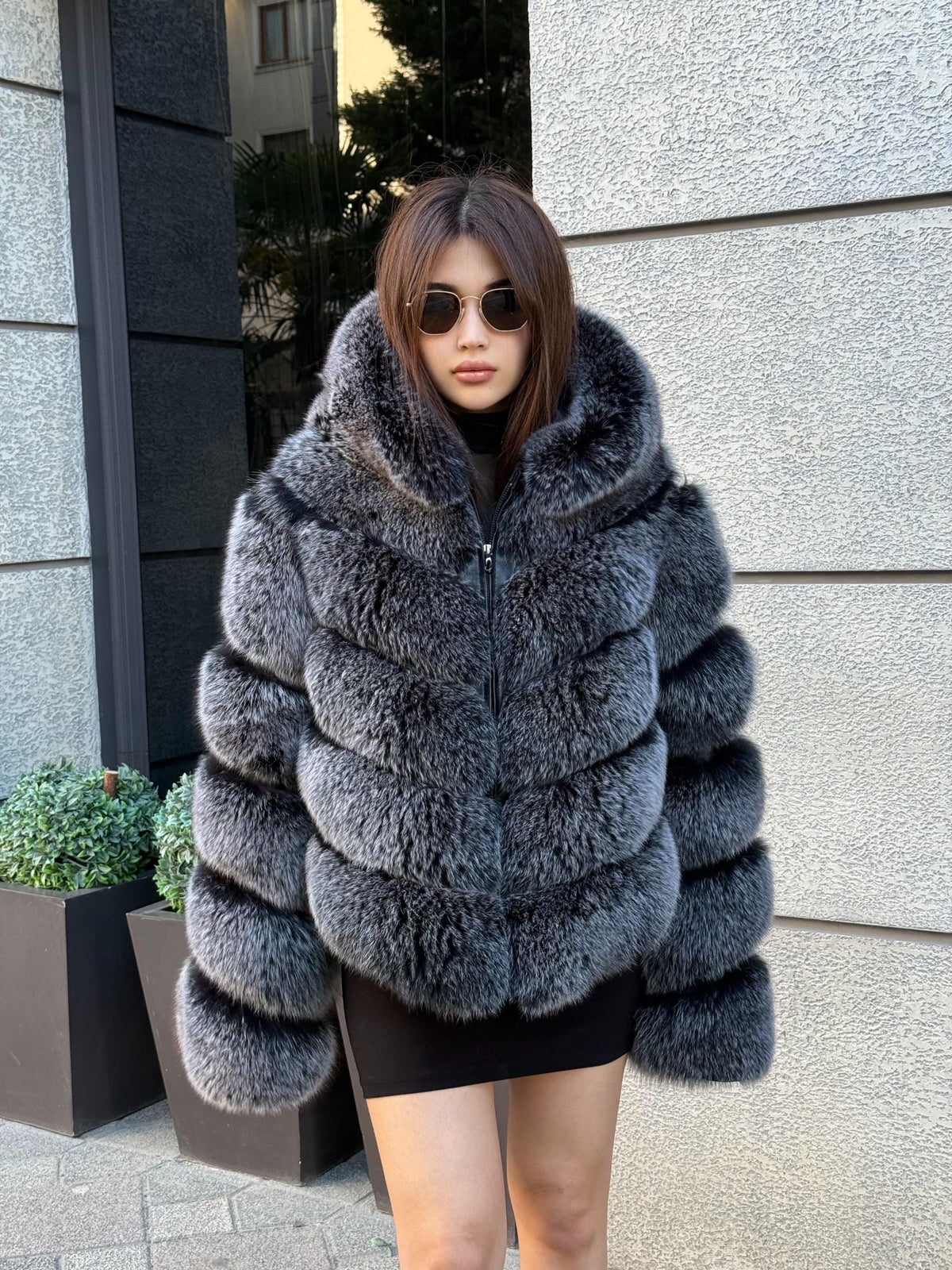 Silver Fox Fur Jacket: Detachable Hood Sleeves Fox Fur Coat.. Frost Fox Fur Jacket.- Women Fox Fur Coat__ Warm Winter Fur Coat