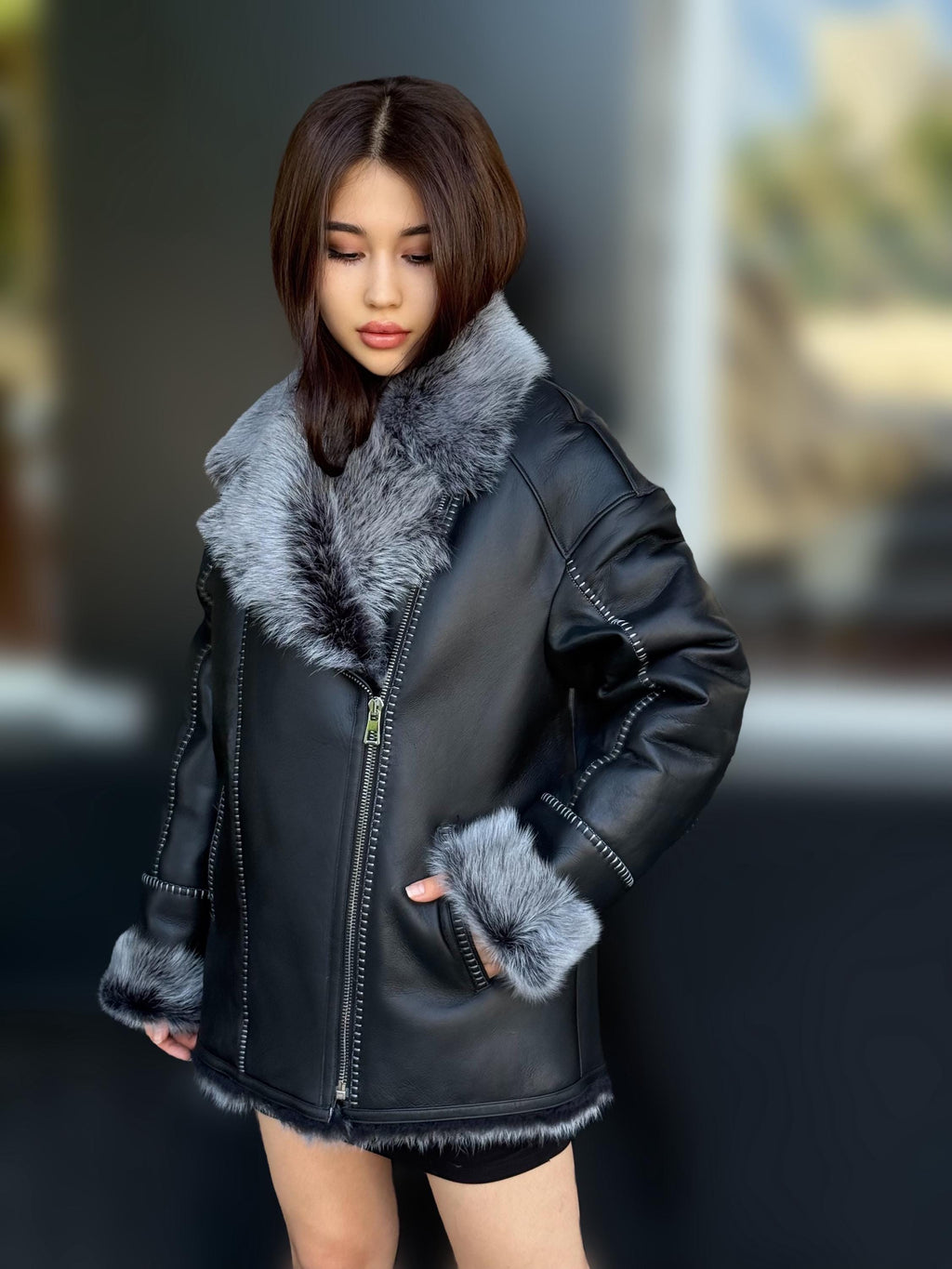 Black Toscana Shearling Aviator Coat: Handmade Women’s Short Lamb Fur Jacket