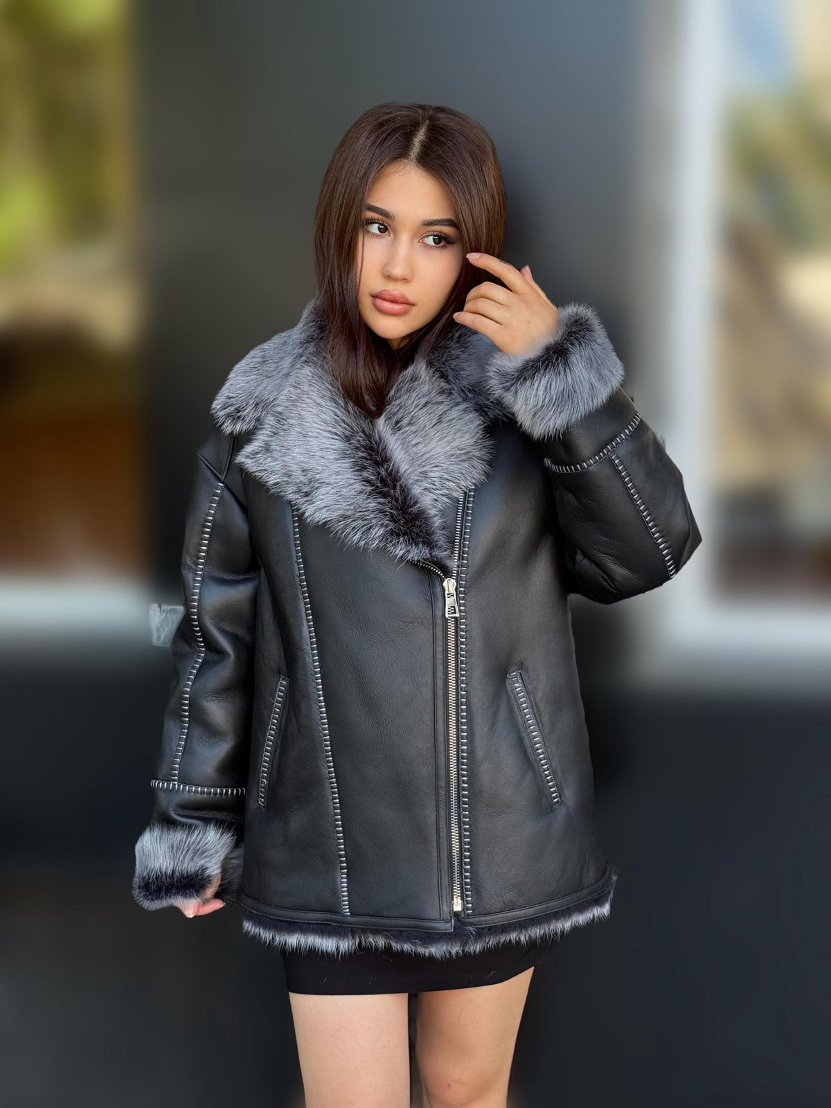 Black Toscana Shearling Aviator Coat: Handmade Women’s Short Lamb Fur Jacket